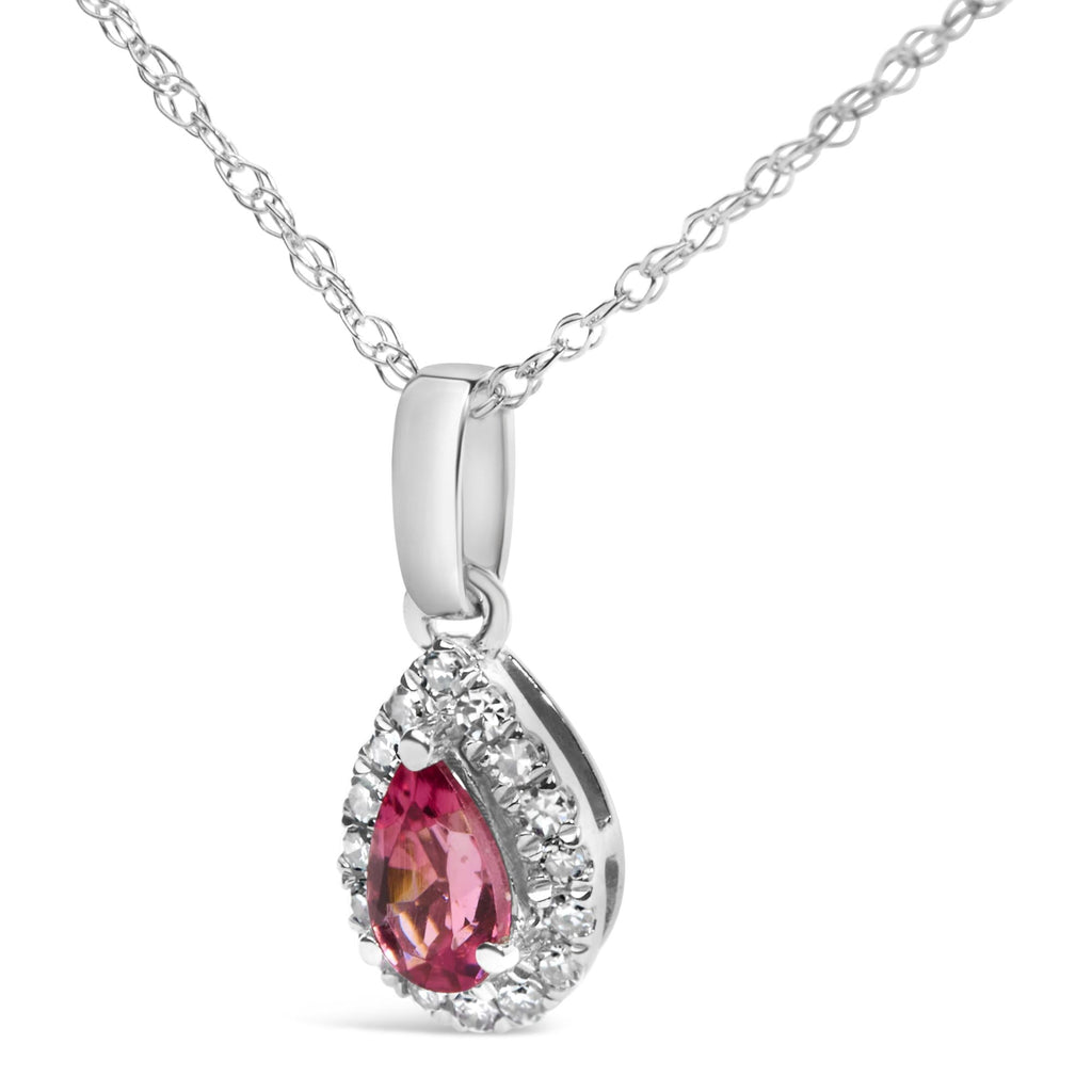 10K White Gold 5x3mm Gemstone and Diamond Accent Halo Pear Shape 18" Pendant Necklace (I-J Color, I1-I2 Clarity) - Friggin Jewelry