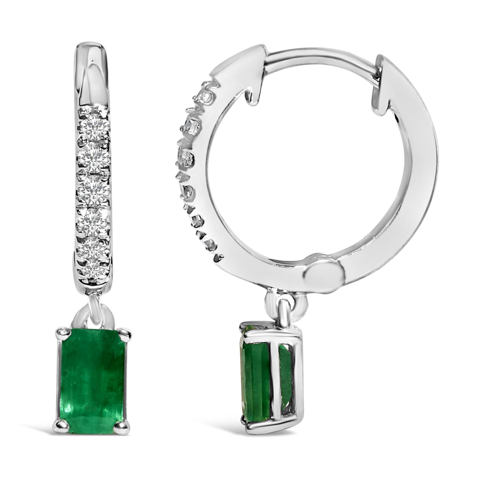 10K White Gold Oval Green Emerald and 1/8 Cttw Diamond Drop Earrings  (I-J Color, I1-I2 Clarity) - Friggin Jewelry