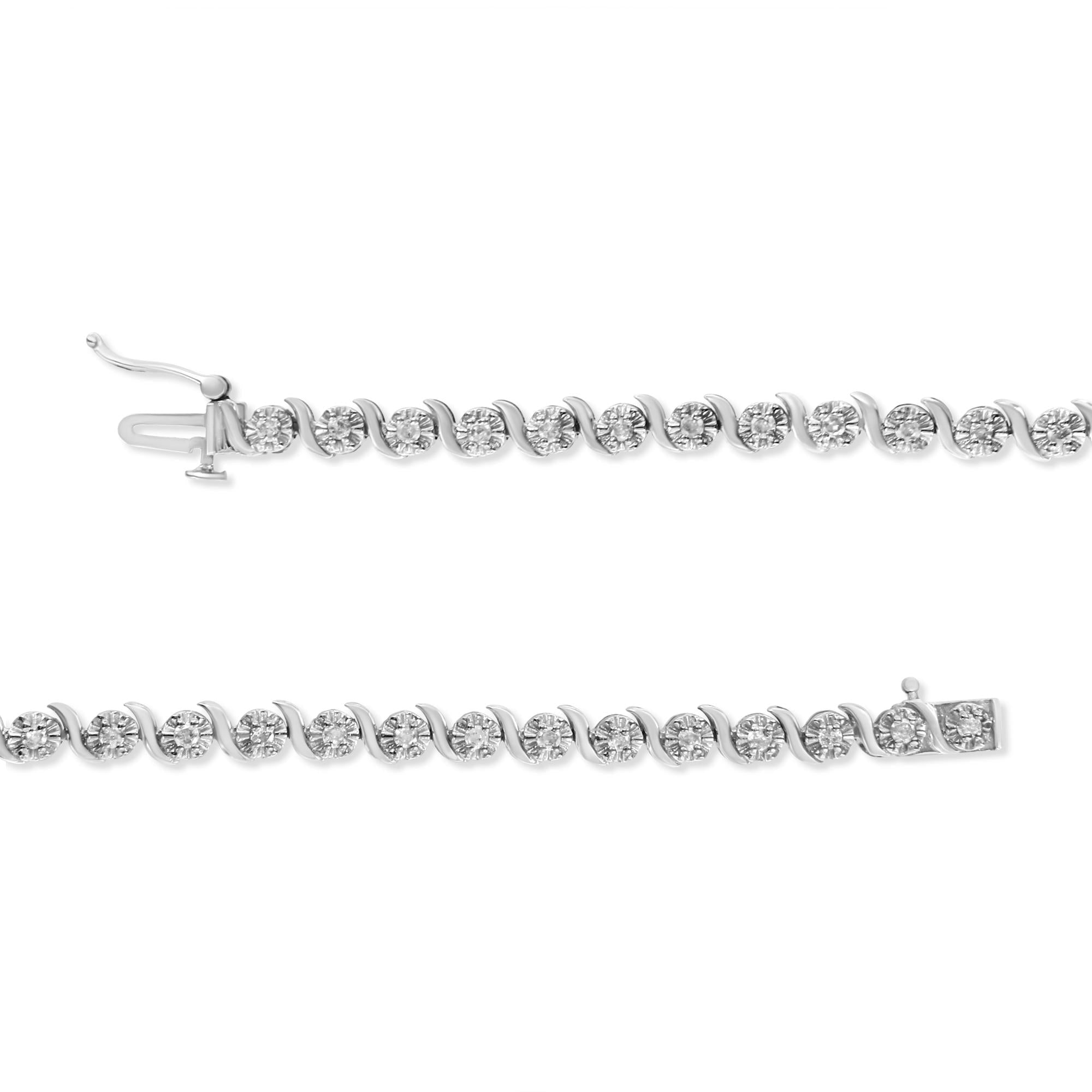.925 Sterling Silver 1.0 Cttw Diamond Spiral Wave Curved-Link 7" Tennis Bracelet (I-J Color, I3 Clarity) - Friggin Jewelry
