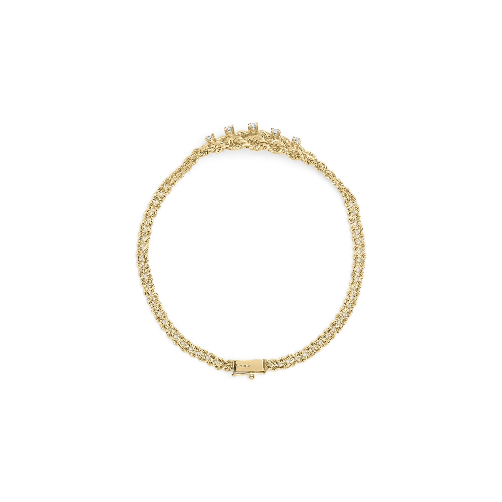 10K Yellow Gold 1/4 Cttw Round-Cut Diamond Basket Weave Rope Chain Style 7" Bracelet (H-I Color, I1-I2 Clarity) - Friggin Jewelry