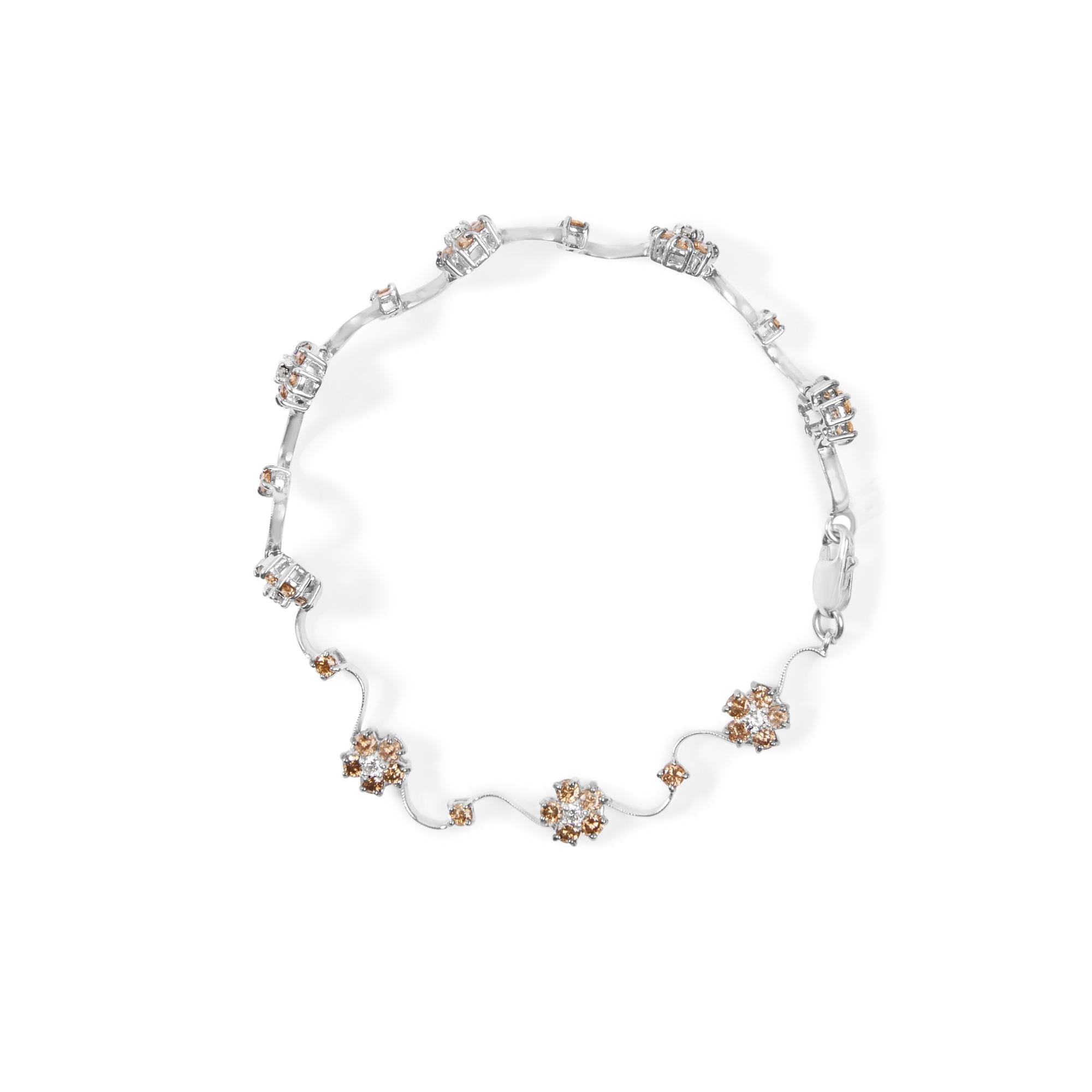10K White Gold 4.0 Cttw Champagne and White Diamond Floral Cluster and Station Link Bracelet (H-I Color, SI2-I1 Clarity) - 7" Inches - Friggin Jewelry