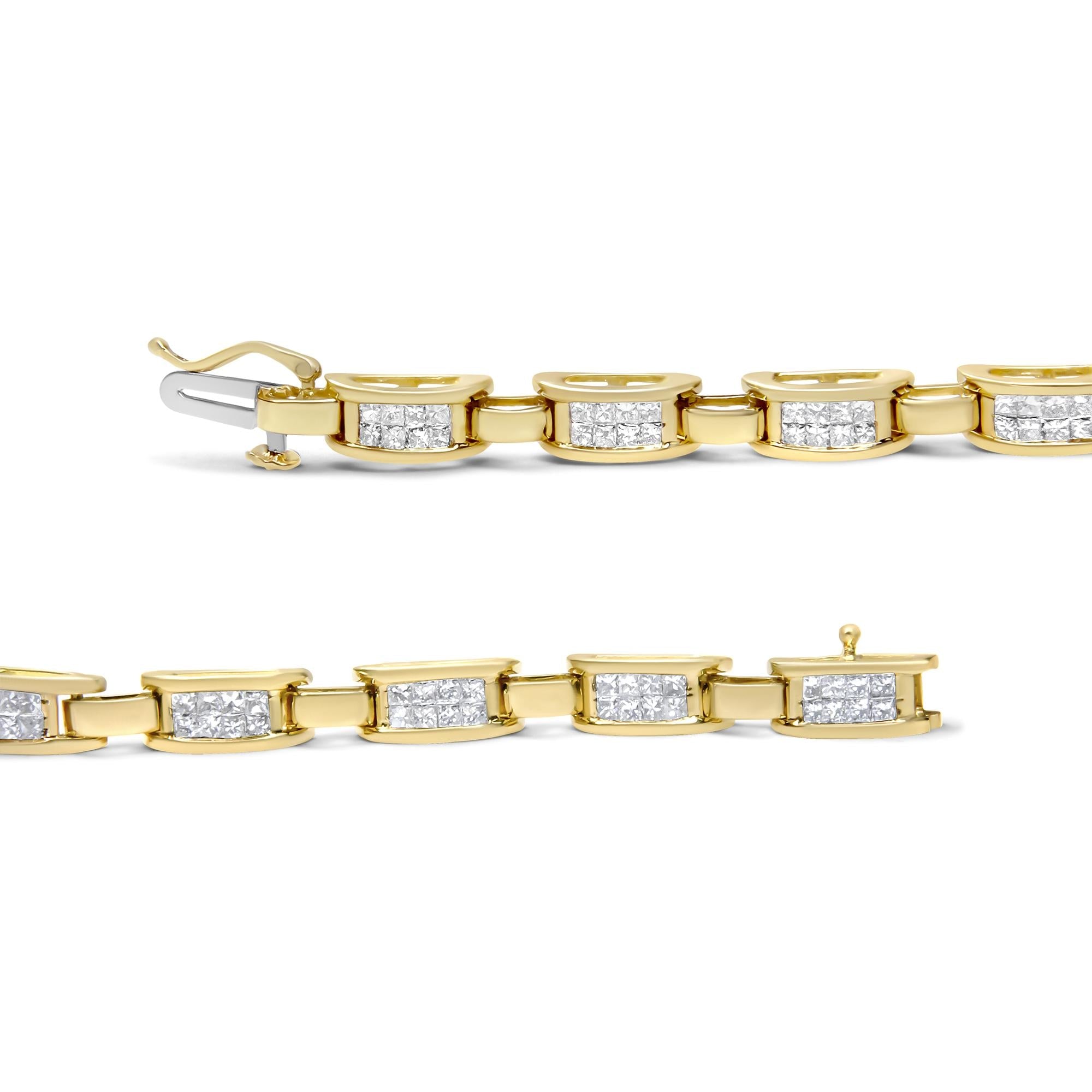Bracciale a maglie rettangolari in oro giallo 10 carati con diamanti taglio principessa incastonati in modo invisibile da 2,0 ct (colore IJ, purezza SI2-I1) - 7" - Friggin Jewelry
