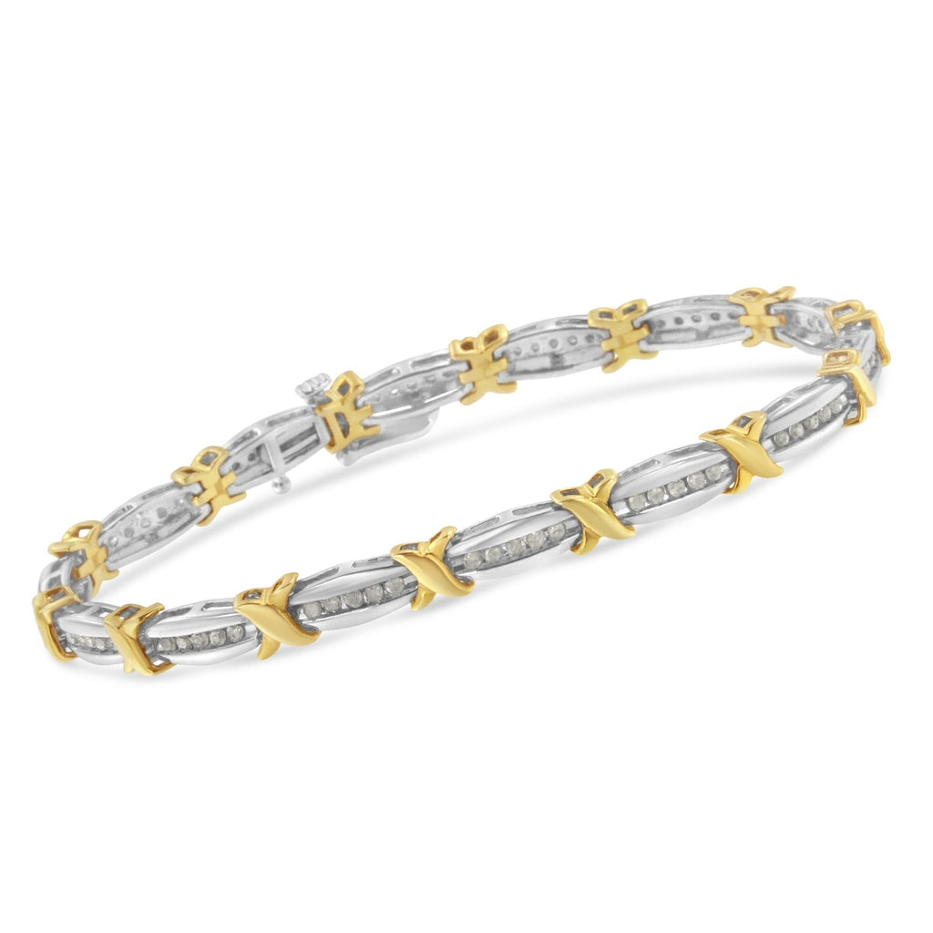 Two-Tone 10K Yellow Gold over .925 Sterling Silver 1.0 Cttw Diamond Channel Set Tapered & X-Link 7" Tennis Bracelet (H-I Color, I2-I3 Clarity) - Friggin Jewelry