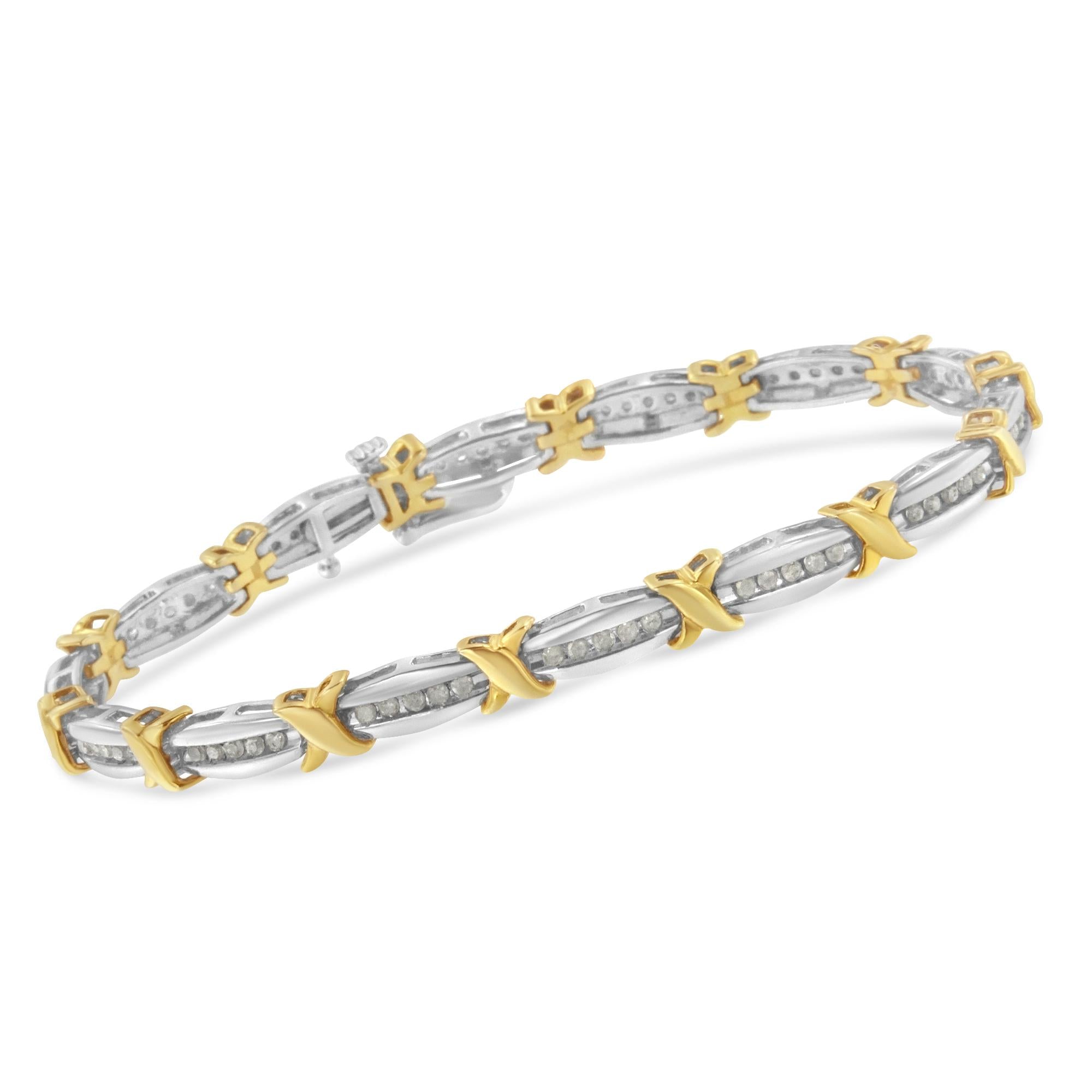 Two-Tone 10K Yellow Gold over .925 Sterling Silver 1.0 Cttw Diamond Channel Set Tapered & X-Link 7" Tennis Bracelet (H-I Color, I2-I3 Clarity) - Friggin Jewelry