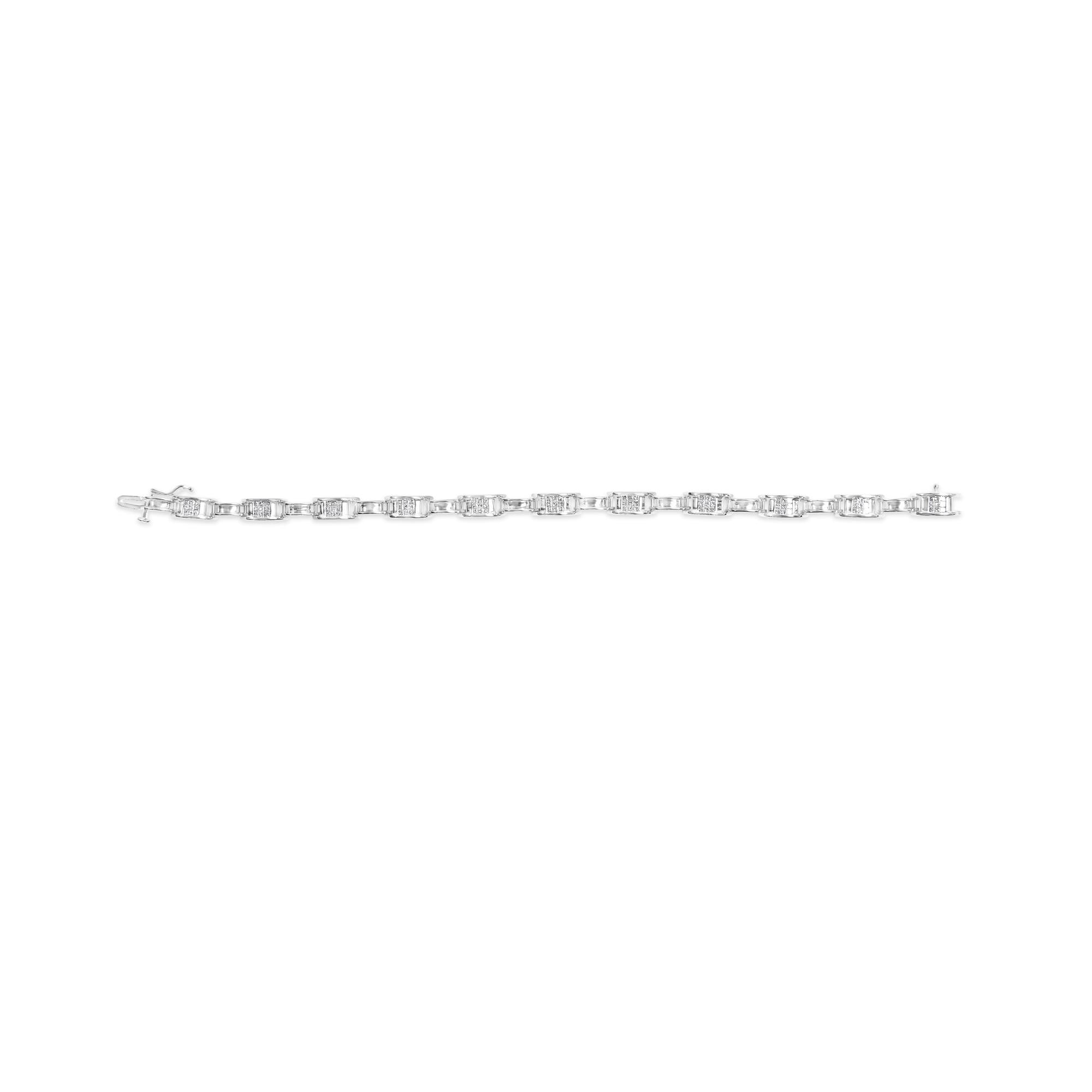 14K White Gold 1.0 Cttw Invisible Set Princess Diamond Alternating Link Tennis Bracelet (I-J Color, I1-I2 Clarity) - 7.25" - Friggin Jewelry