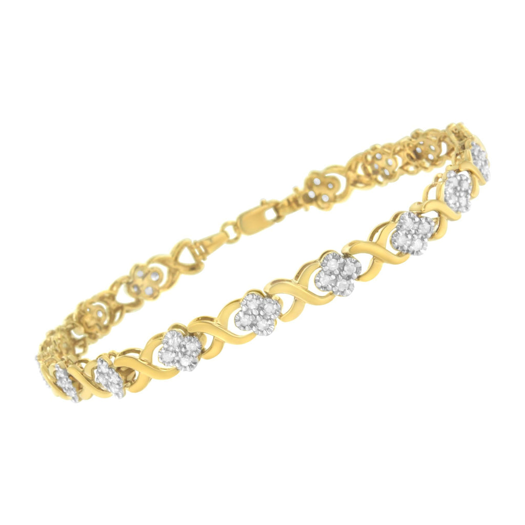 10K Yellow Gold over .925 Sterling Silver 1.0 Cttw Diamond Cluster X Link Tennis Link Bracelet (H-I Color, I3 Clarity) - 7" - Friggin Jewelry