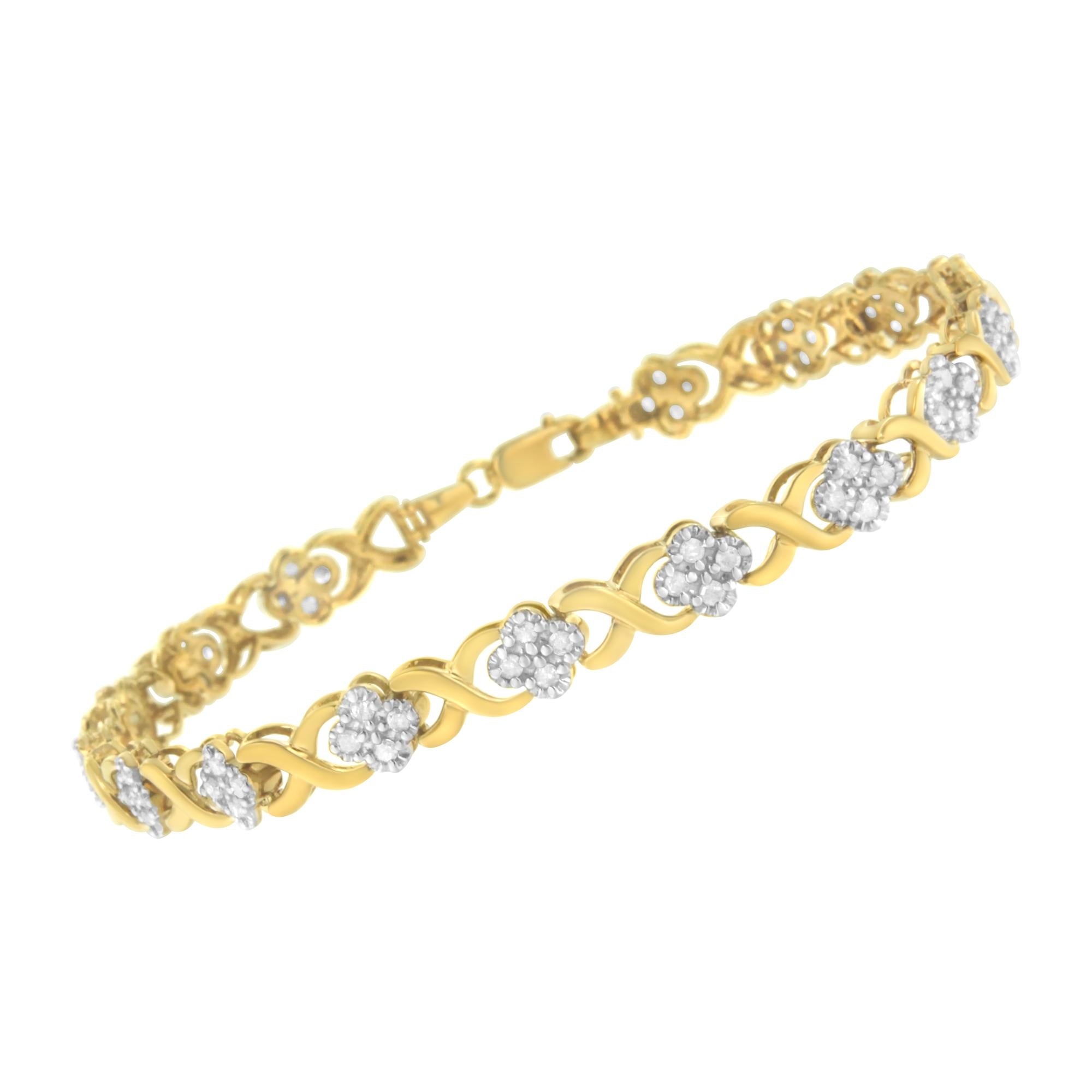 Pulsera de tenis con eslabones en X de oro amarillo de 10 quilates sobre plata de ley 925 con diamantes de 1,0 quilates (color HI, claridad I3) - 18 cm - Friggin Jewelry