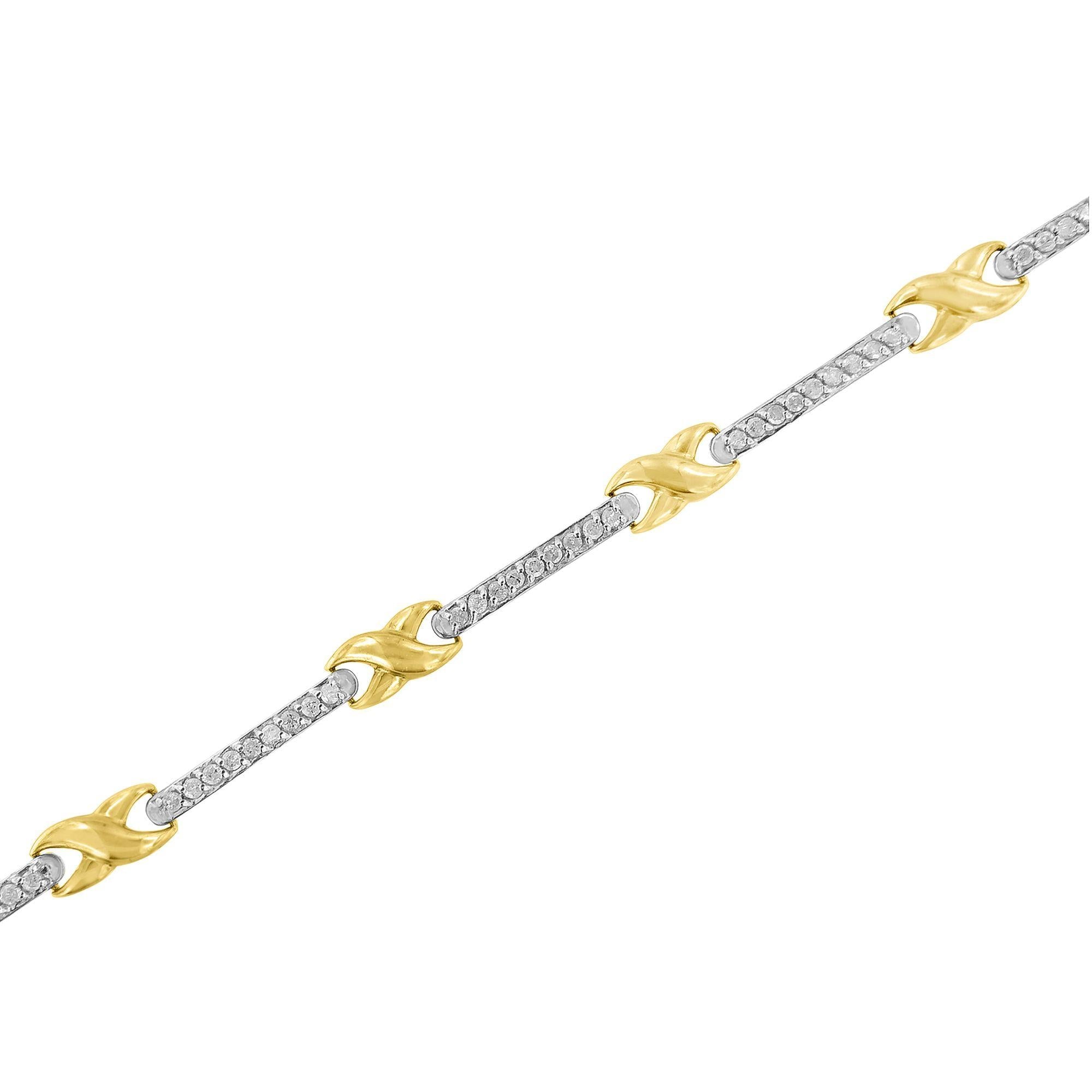 10K Yellow Gold 1.00 Cttw Pave Set Diamond Bar and  X-Link 7" Bracelet (I-J Color, I3 Quality) - Friggin Jewelry