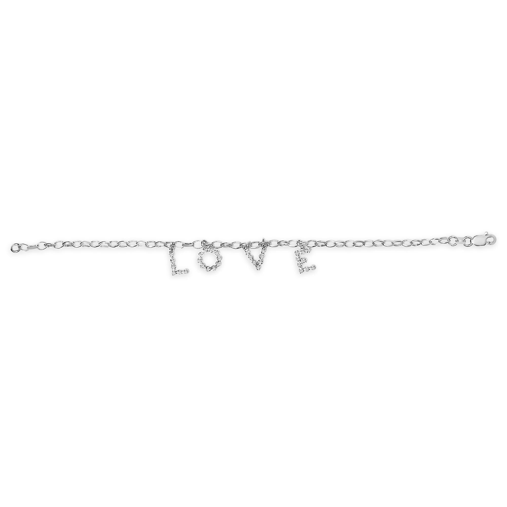 10k White Gold 1/6 Cttw Diamond "Love" Charm Cable Chain Bracelet (H-I Color, I1-I2 Clarity) - 7" - Friggin Jewelry