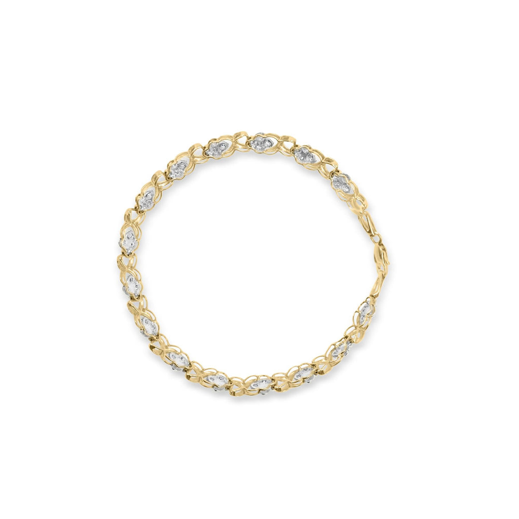 10K Yellow Gold 1.00 Cttw Diamond 5 Stone Floral Cluster and "X" Link 7" Bracelet (I-J Color, I3 Clarity) - Friggin Jewelry