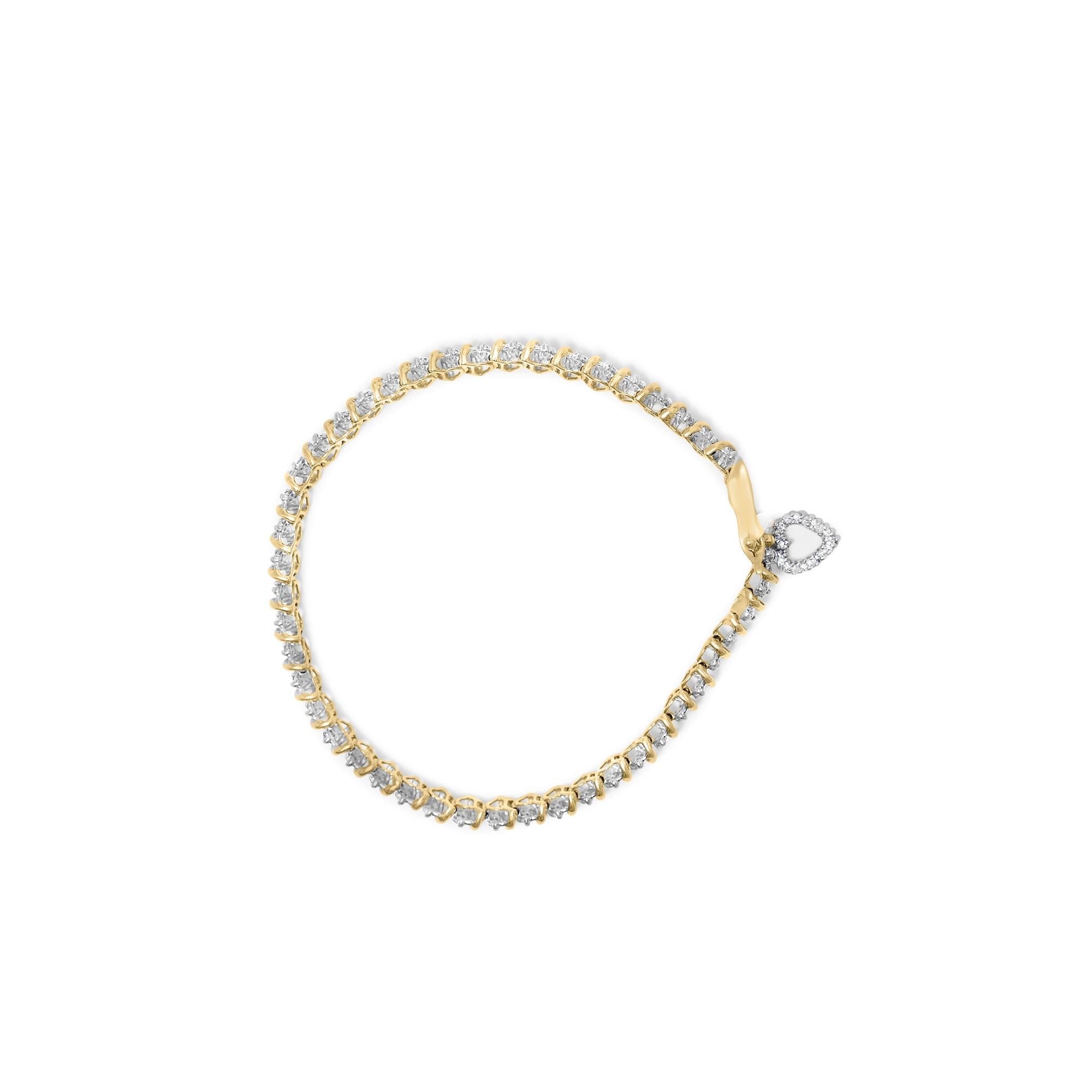 10K Yellow Gold 2.0 Cttw Diamond 2 Row Link and Heart Charm 7" Link Bracelet (I-J Color, I3 Clarity) - Friggin Jewelry Premium