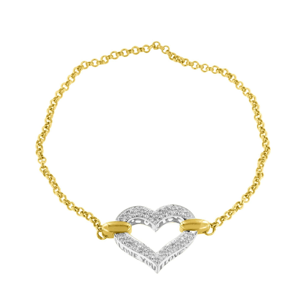 10K Two Tone Gold 1/4 Cttw Diamond Encrusted Heart Charm 7" Bracelet (H-I Color, I1-I2 Clarity) - Friggin Jewelry