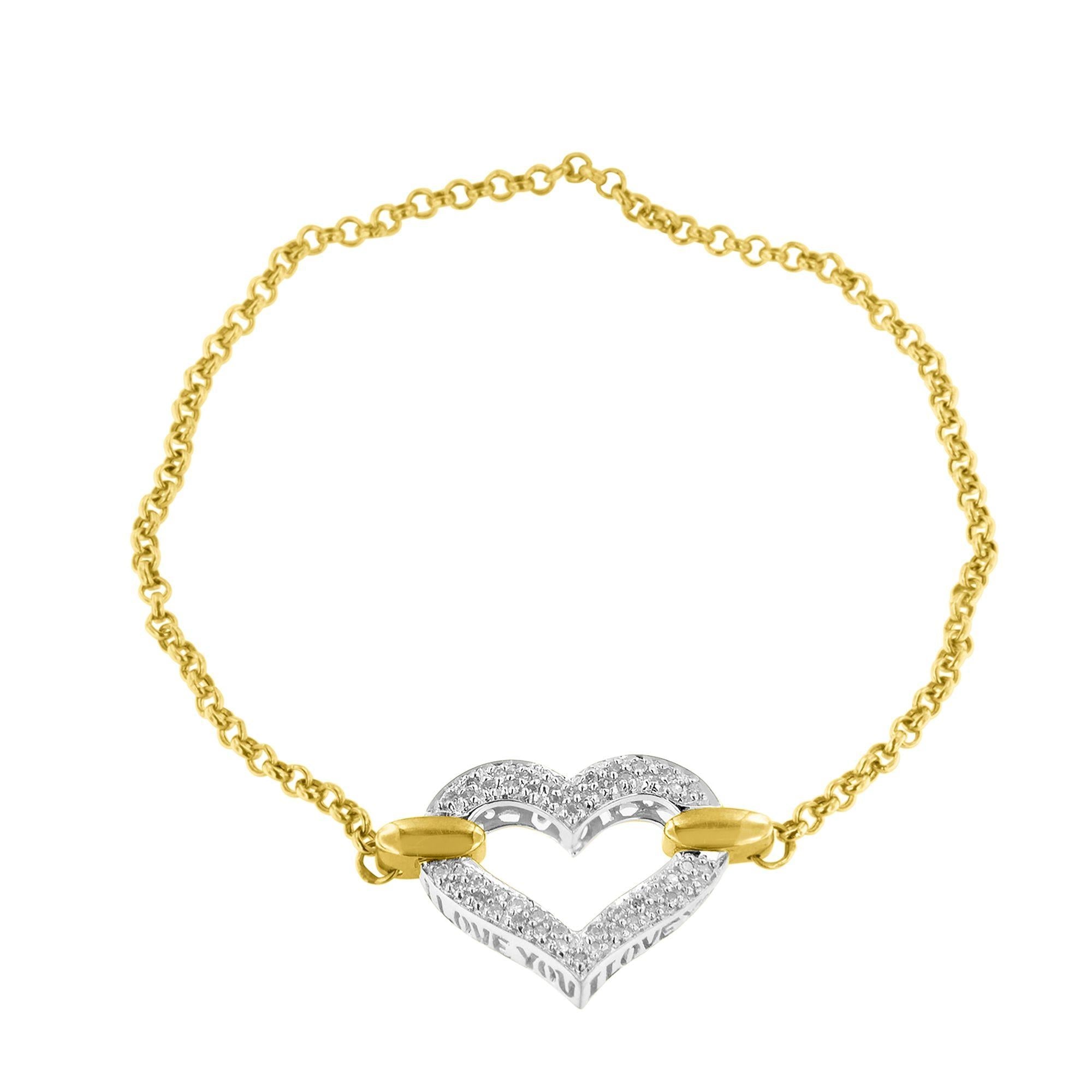 10K Two Tone Gold 1/4 Cttw Diamond Encrusted Heart Charm 7" Bracelet (H-I Color, I1-I2 Clarity) - Friggin Jewelry