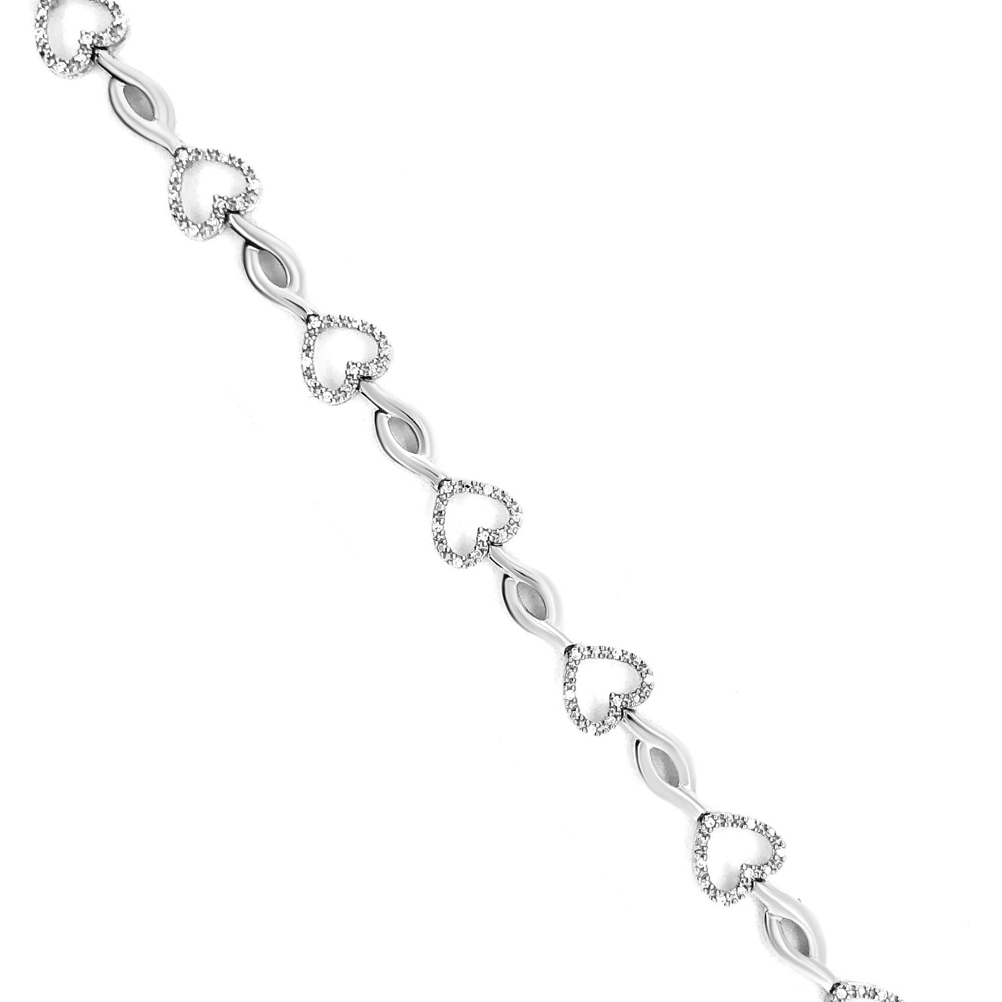 .925 Sterling Silver 1/4 Cttw Round-Cut Diamond Alternating Heart and Leaf Link Bracelet (I-J Color, I3 Clarity) - Size 7.25" - Friggin Jewelry
