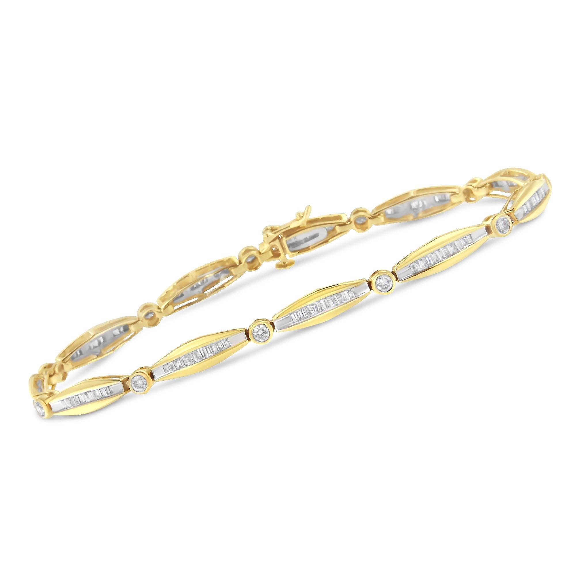 14K Yellow Gold 1-1/2 Cttw Round Brilliant-Cut & Baguette Cut Diamond Bezel and Tapered Link 7" Tennis Bracelet (H-I Color, I1-I2 Clarity) - Friggin Jewelry