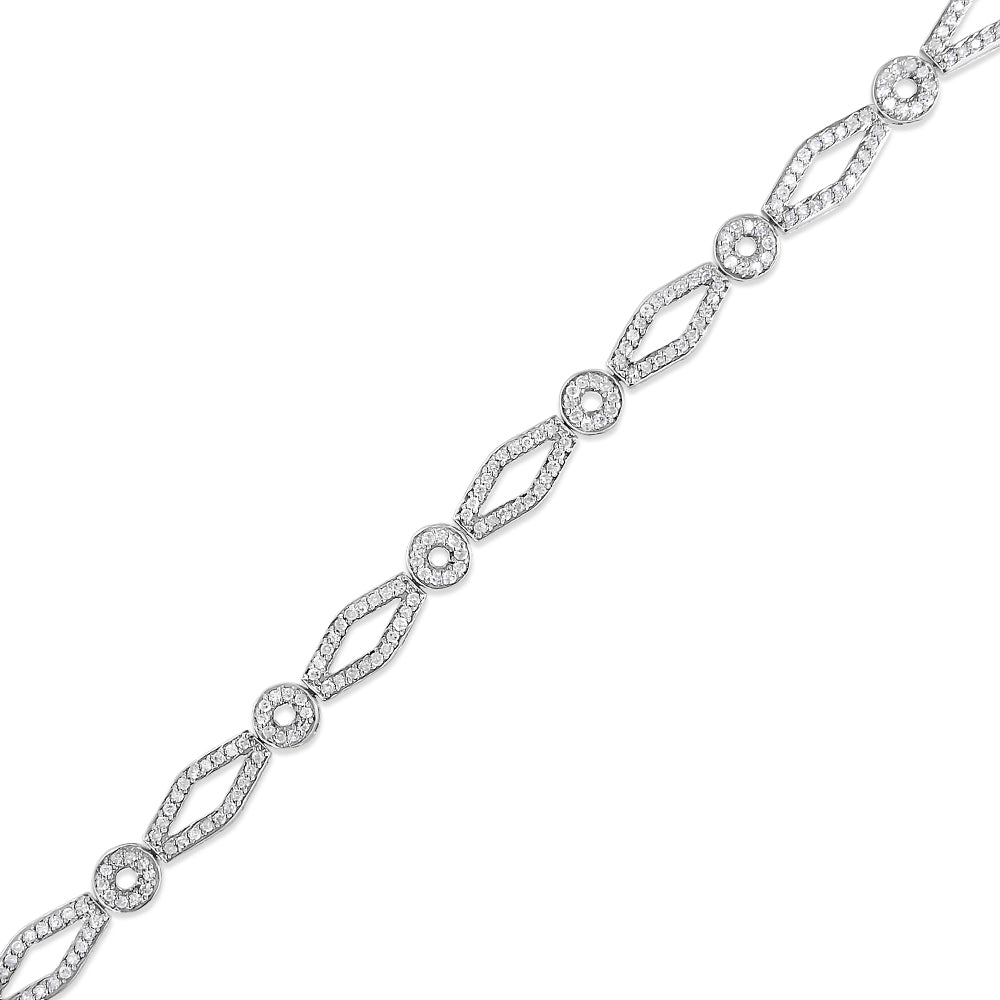 .925 Sterling Silver 1 1/2 Cttw Diamond Studded Alternating Circle and Kite-Shaped Vintage-Style Link Bracelet (I-J Color, I2-I3 Clarity) 7 Inch - Friggin Jewelry