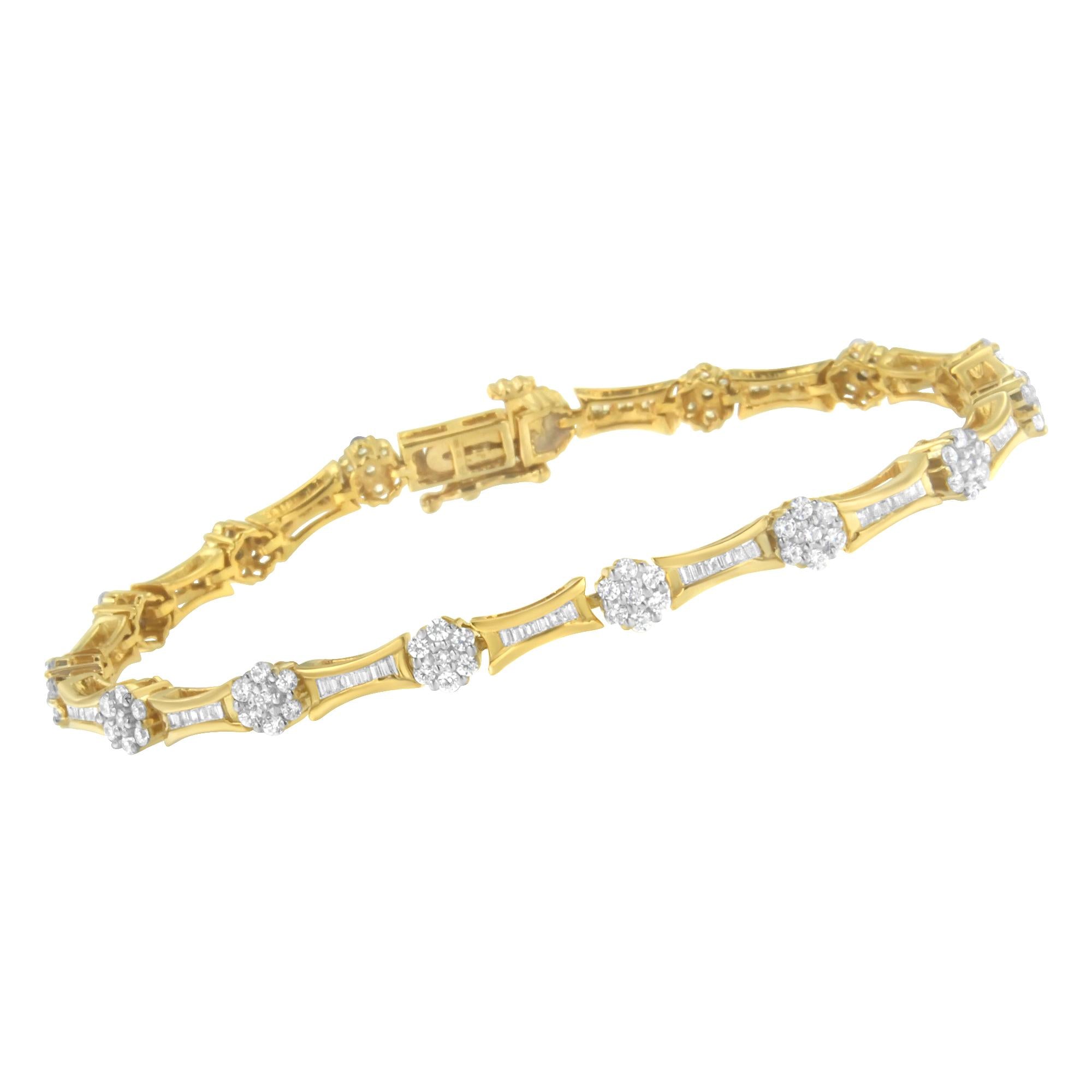 10K Yellow and White Gold 2.00 cttw Round and Baguette-Cut Diamond Link Bracelet (I-J Color, I2-I3 Clarity) - Size 7.25" - Friggin Jewelry