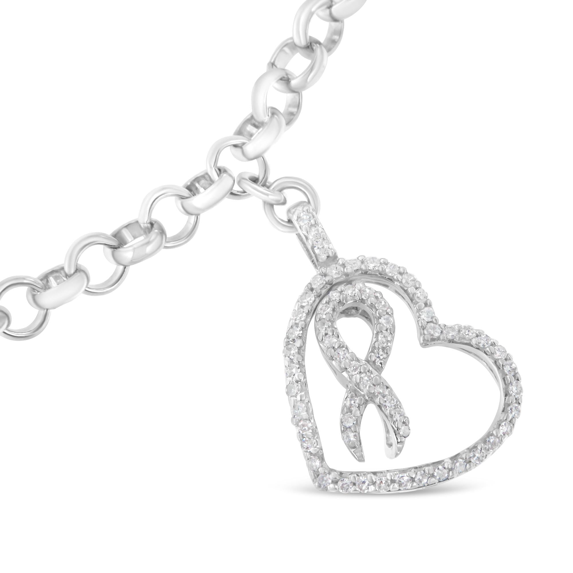.925 Sterling Silver 1/4 Cttw Diamond-Accented Heart and Ribbon Charm 7" Link Chain Bracelet (H-I Color, I1-I2 Clarity) - Friggin Jewelry