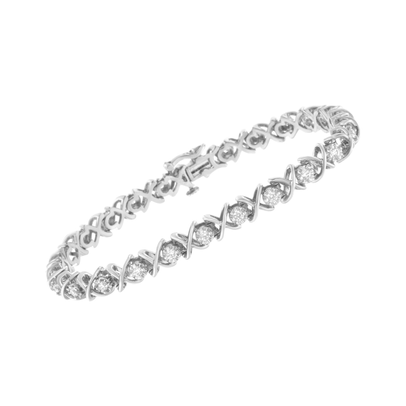 .925 Sterling Silver 1 cttw Brilliant Round-Cut Diamond "X" Link Bracelet (I-J Clarity, I2-I3 Color) - Size 7" - Friggin Jewelry