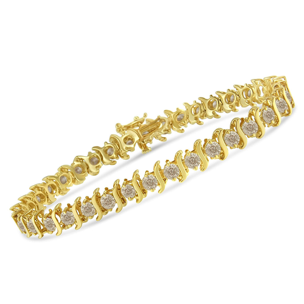 10K Yellow Gold Plated .925 Sterling Silver 7.0 cttw 2-Prong Set Round Brilliant Cut Diamond "S" Link Bracelet (J-K color, I1-I2 clarity) - 7" - Friggin Jewelry