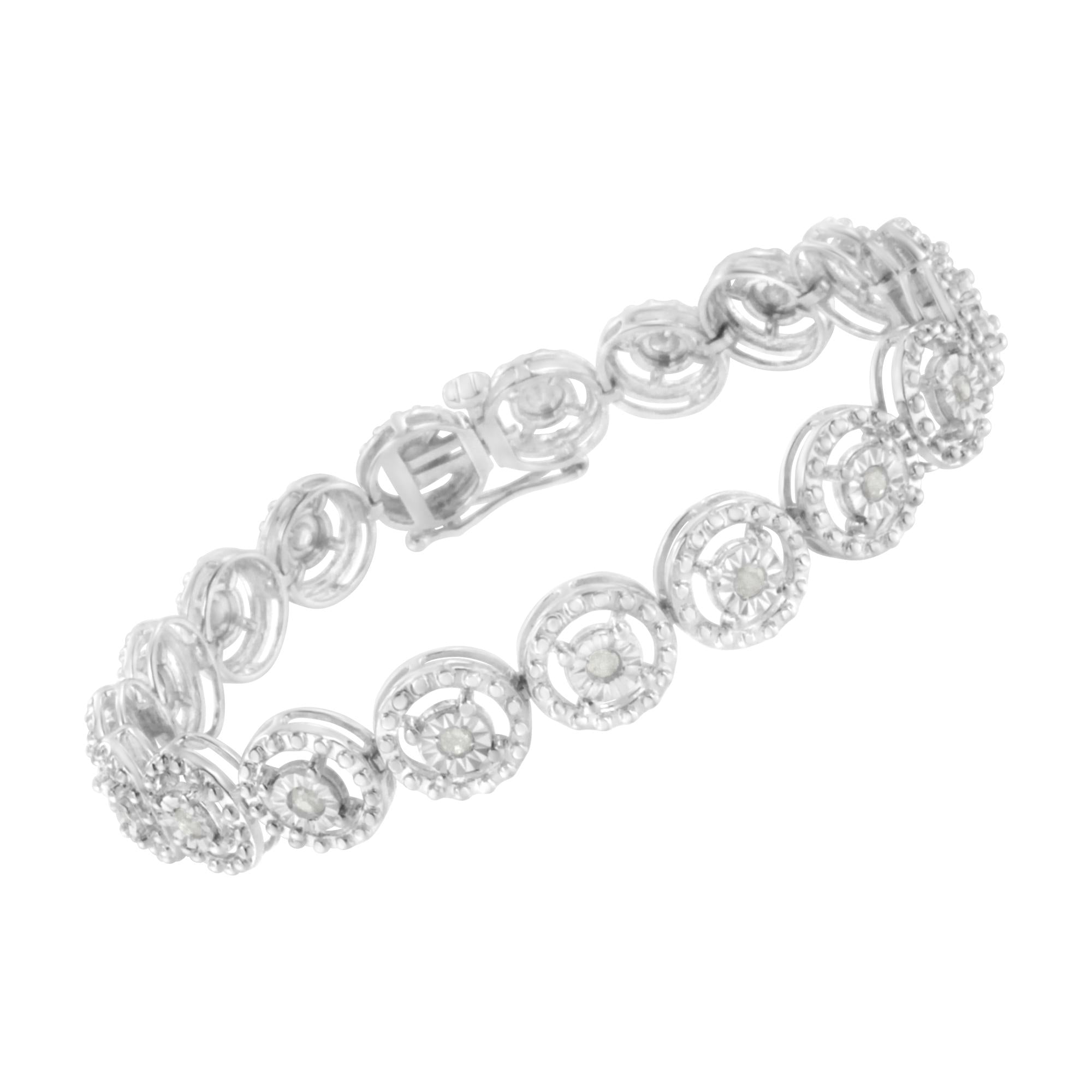.925 Sterling Silver 1.0 Cttw Diamond Nested Circle Miracle Set Open Wheel 7" Fashion Link Bracelet (I-J Color, I3 Clarity) - Friggin Jewelry