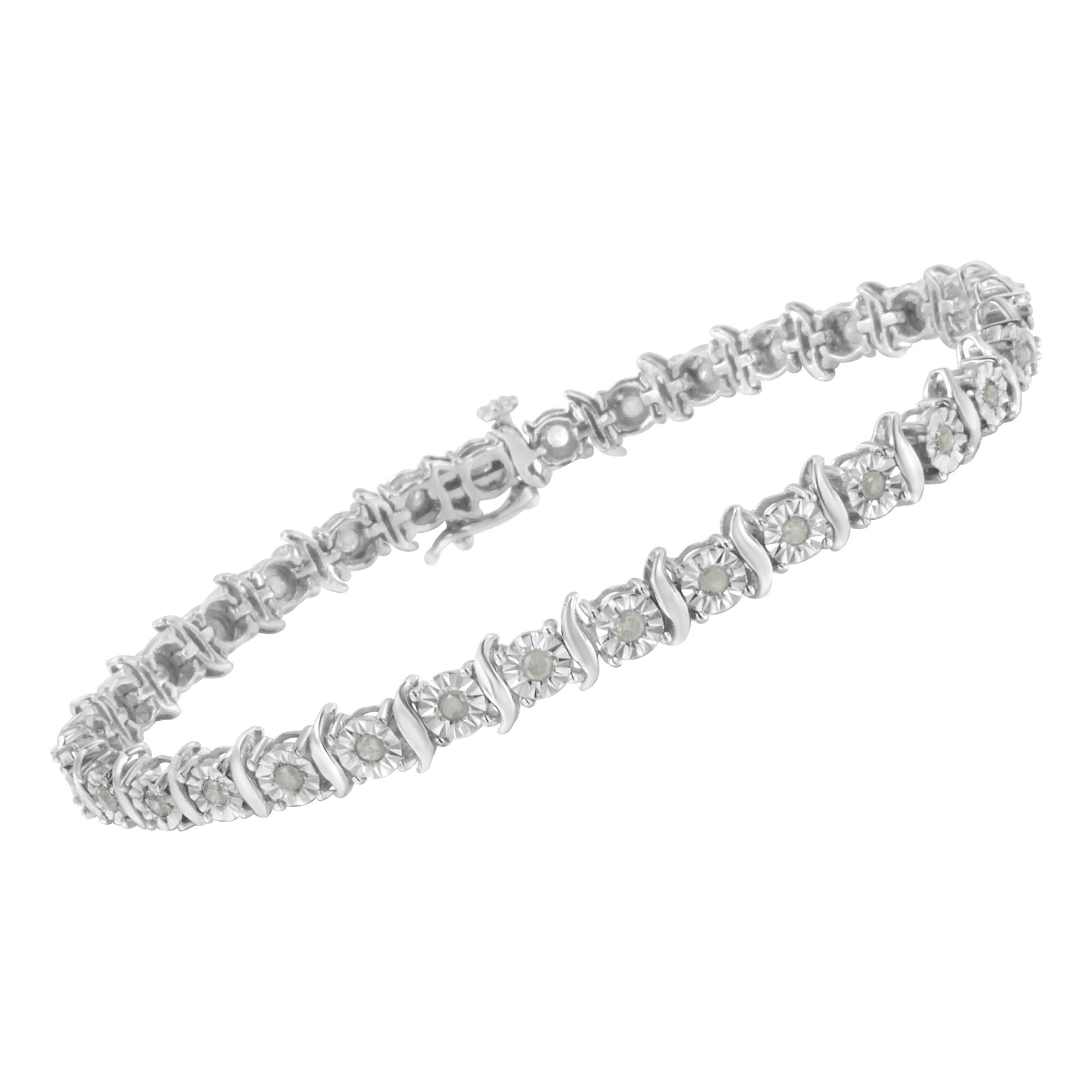 Pulsera de tenis de plata de ley 925 con diamantes de 1,0 ct y eslabones en forma de S engastados milagros (color IJ, claridad I3) - Friggin Jewelry