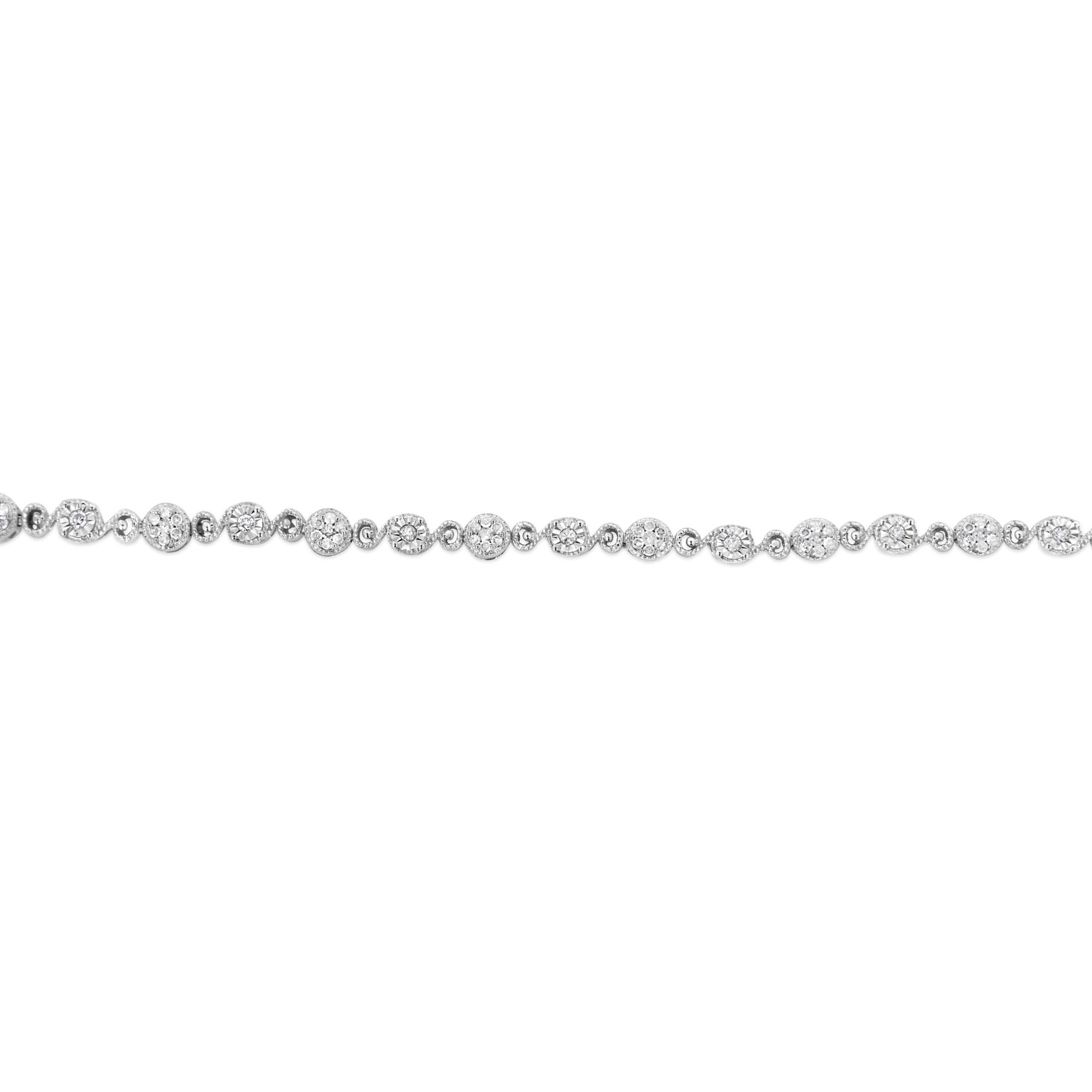 .925 Sterling Silver 1.0 Cttw Diamond Swirl Beaded Link Bracelet (I-J Color, I3-Promo Clarity) - 7.25" Inches - Friggin Jewelry