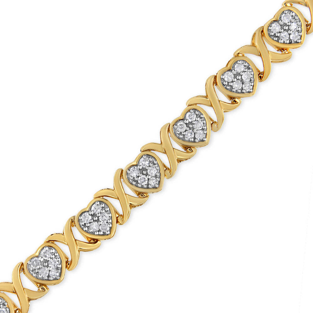 Pulsera de plata de ley 925 bañada en oro amarillo de 14 quilates con corazón de diamantes y eslabones en forma de X de 1,00 quilates (color IJ, claridad I3) - 7,25 pulgadas - Friggin Jewelry