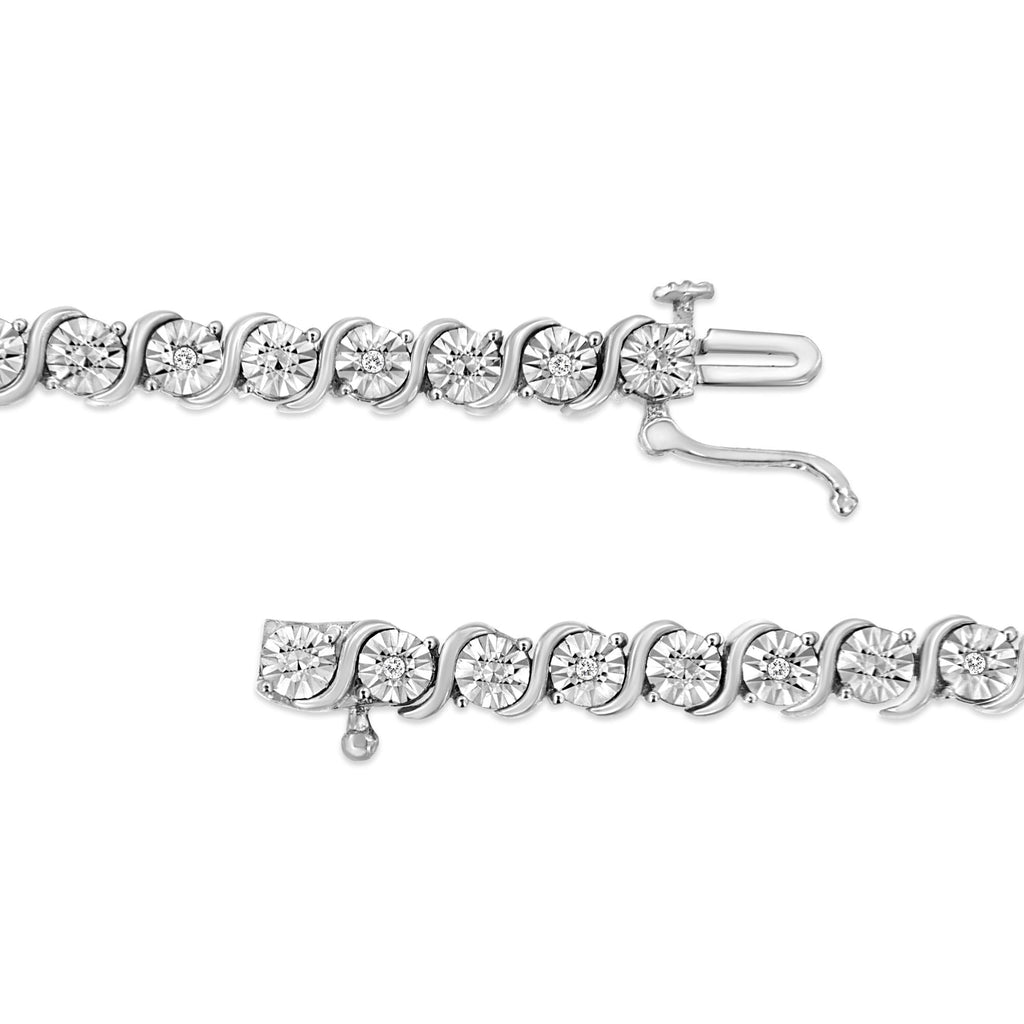 .925 Sterling Silver 1/10 Cttw Diamond Round Miracle Plate and "S" Link Tennis Bracelet (I-J Color, I2- I3 Clarity) - 7" - Friggin Jewelry