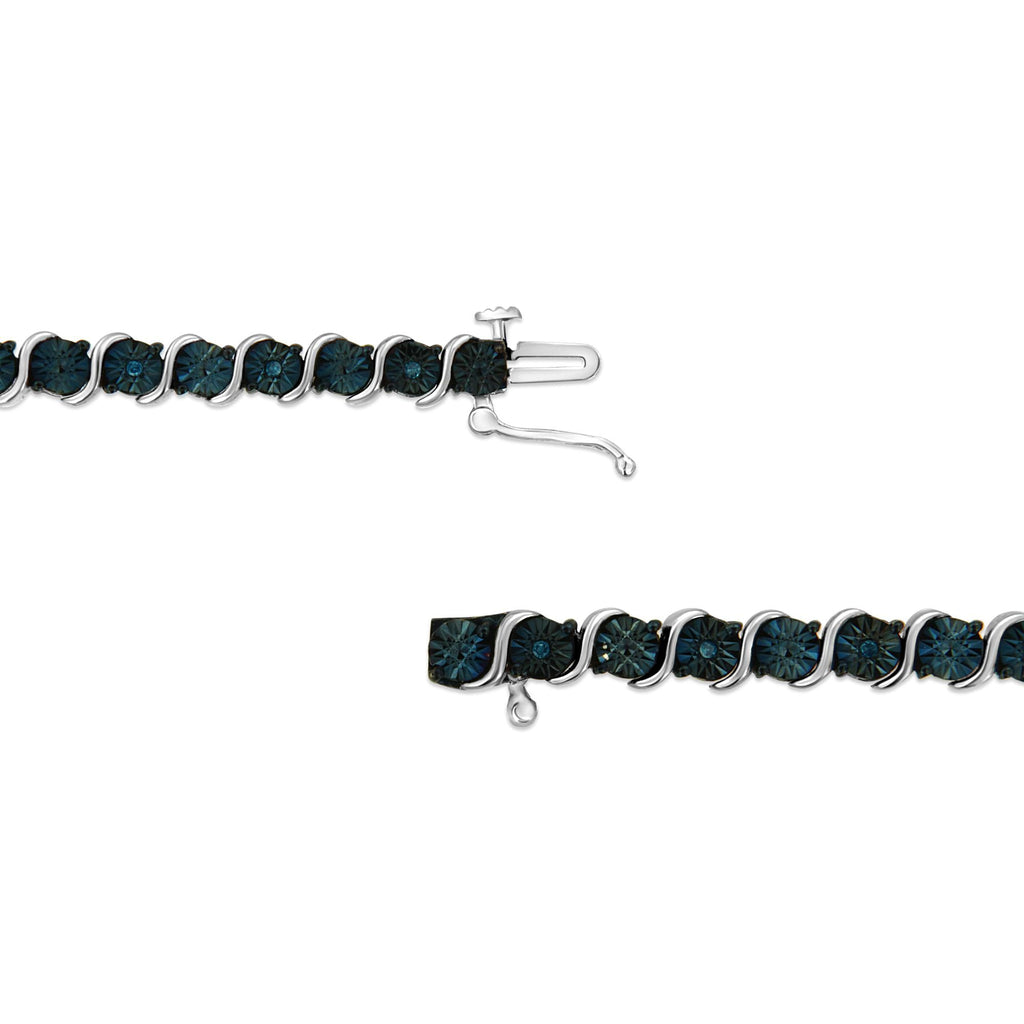 .925 Sterling Silver 1/10 Cttw Miracle-Set Treated Blue Color Diamond Miracle Plate "S" Link Tennis Bracelet (Blue Color, I2- I3 Clarity) - 7.25" - Friggin Jewelry