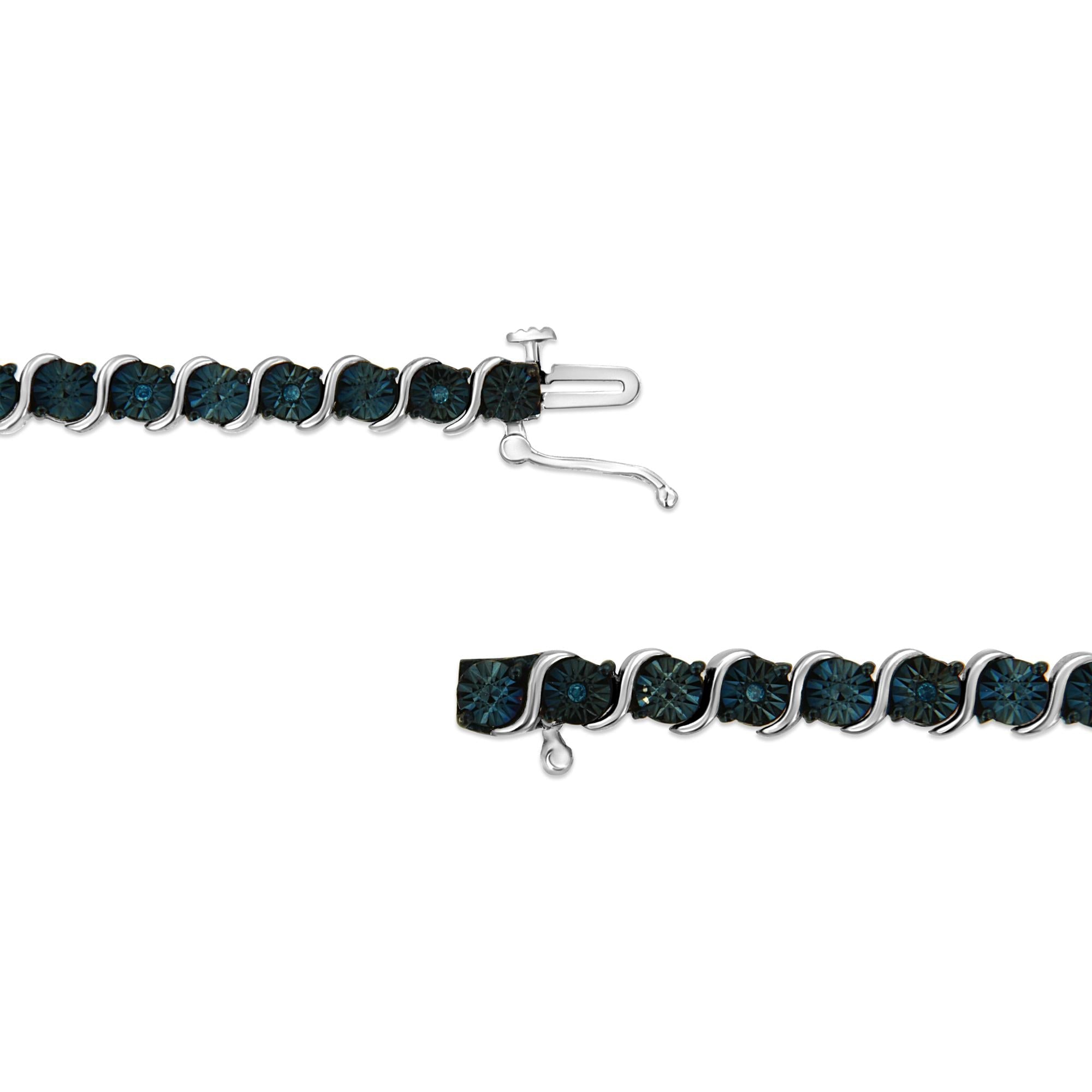 .925 Sterling Silver 1/10 Cttw Miracle-Set Treated Blue Color Diamond Miracle Plate "S" Link Tennis Bracelet (Blue Color, I2- I3 Clarity) - 7.25" - Friggin Jewelry