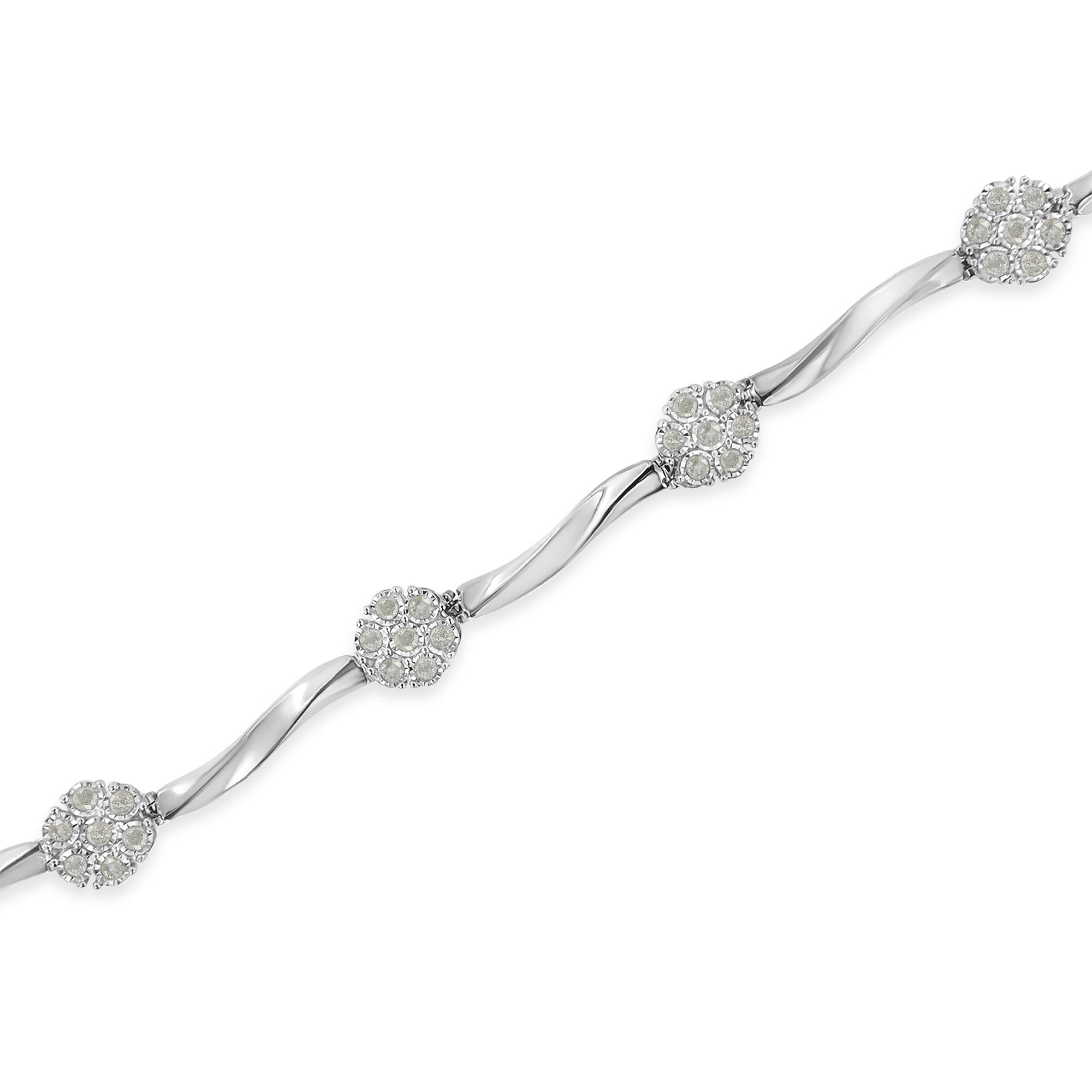 .925 Sterling Silver 1.0 Cttw Diamond Cluster Miracle-Set Station & Twisted Bar 7" Tennis Bracelet (H-I Color, I1-I2 Clarity) - Friggin Jewelry