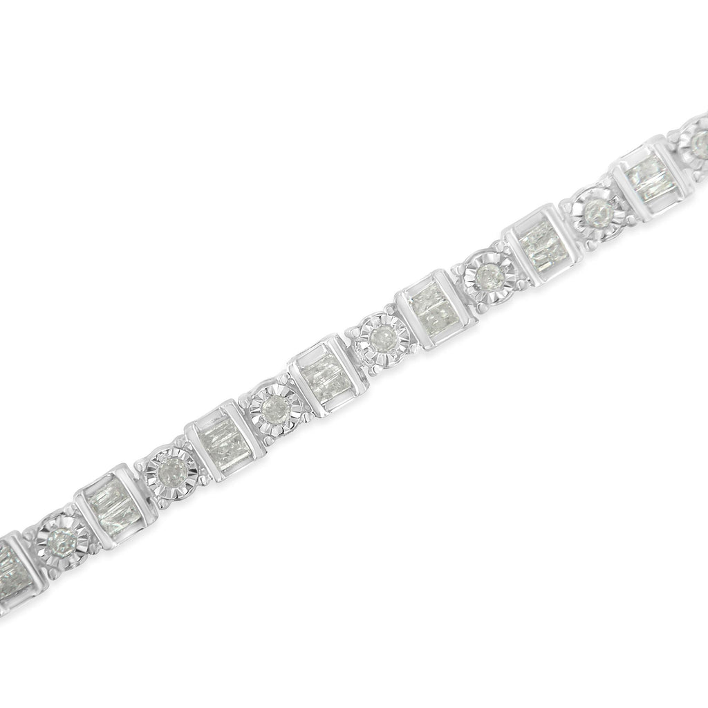 .925 Sterling Silver 1.0 Cttw Round & Baguette Cut Diamond 7" Alternating Round and Square Station Tennis Bracelet (I-J Color, I3 Clarity) - Friggin Jewelry