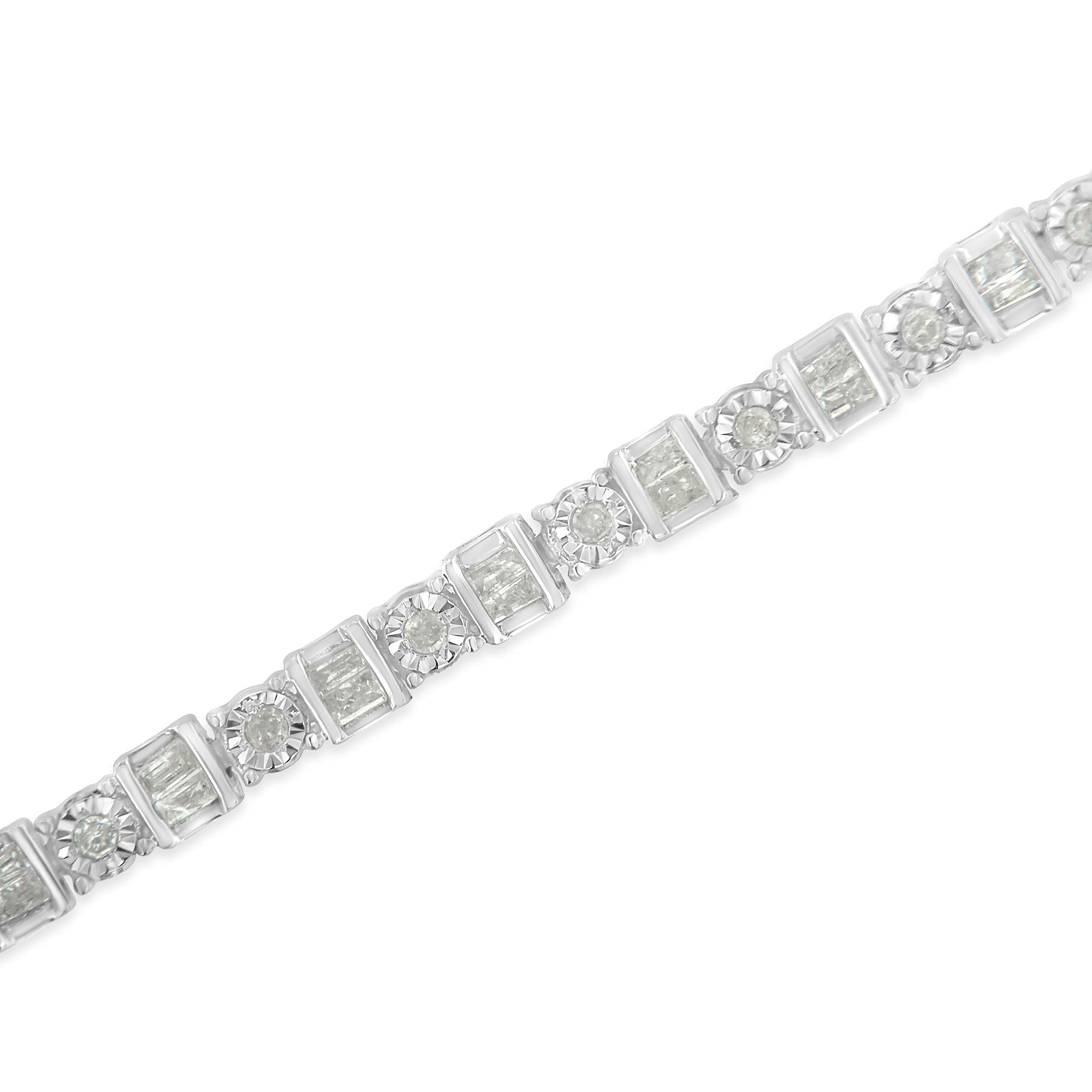 Pulsera de tenis de 18 cm con diamantes de talla baguette y redondos de 1,0 ct en plata de ley 925 (color IJ, claridad I3) - Friggin Jewelry