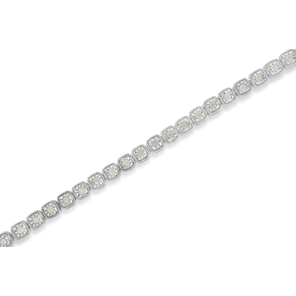 Pulsera de tenis de plata de ley 925 con diamantes de 1,0 ct y milgrain cuadrado de 18 cm (color IJ, claridad I3) - Friggin Jewelry