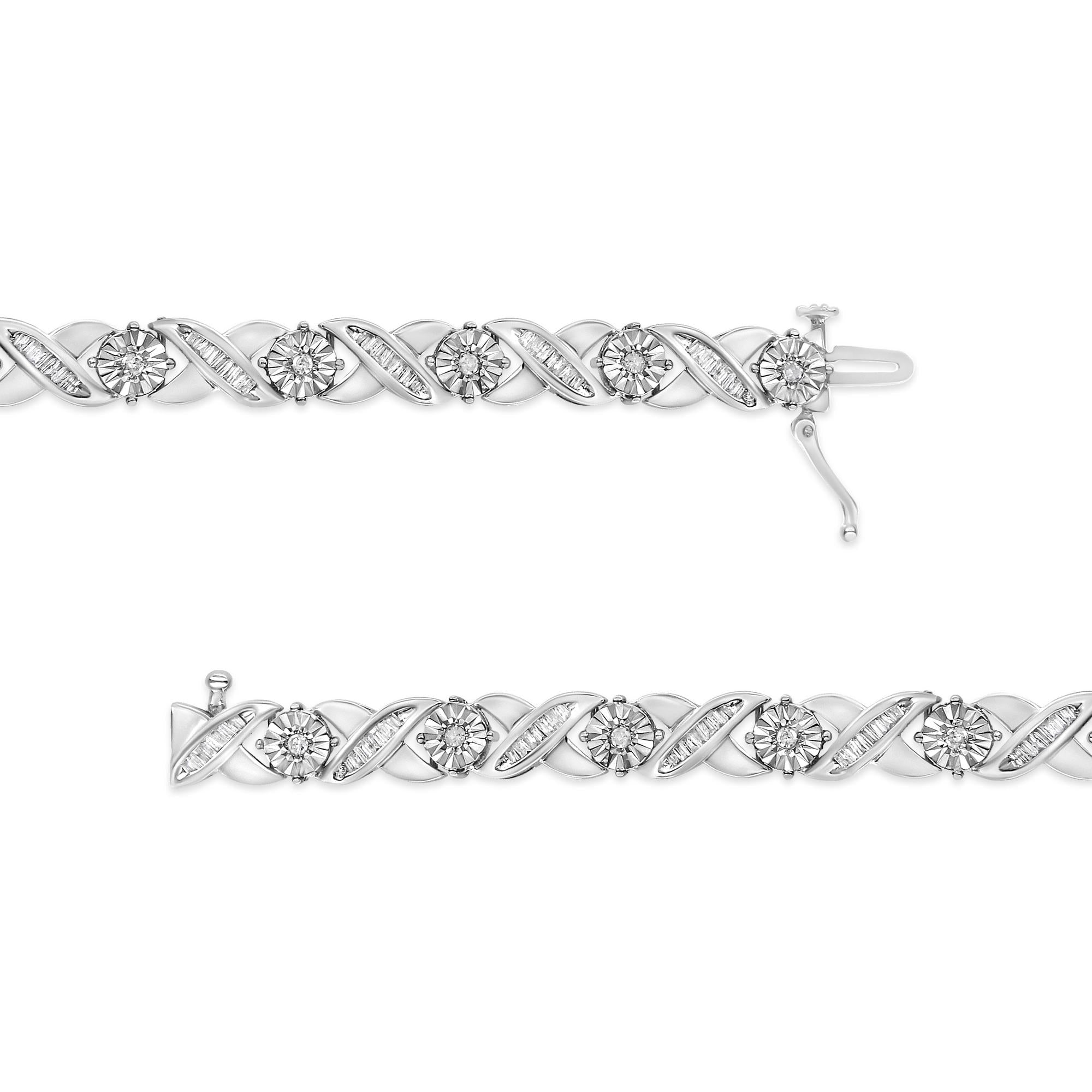 .925 Sterling Silver 1.0 Cttw Round-Brilliant and Baguette Cut Diamond Miracle-Set X-Link 7" Tennis Bracelet (I-J Color, I2-I3 Clarity) - Friggin Jewelry