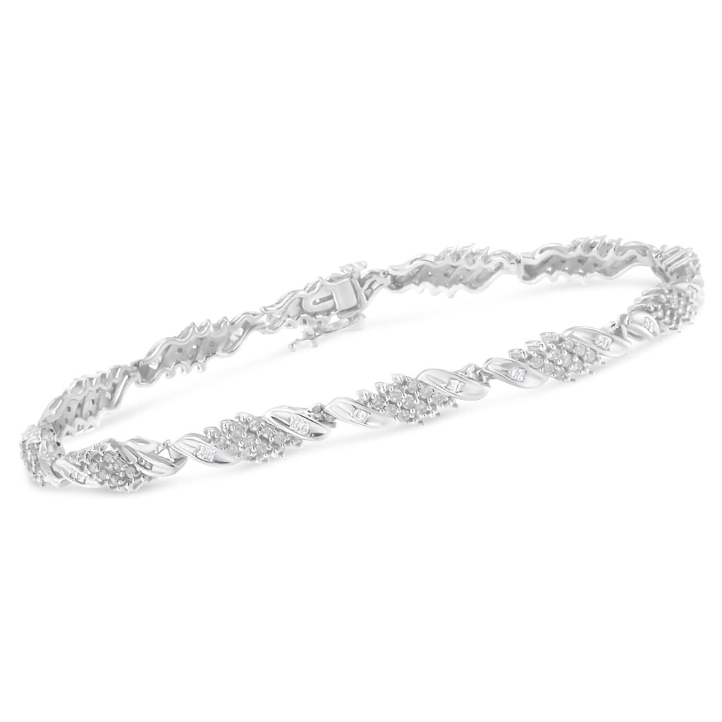 .925 Sterling Silver 1-1/2 Cttw Round and Baguette Cut Diamond Wave Link Bracelet (I-J Color, I2-I3 Clarity) - 7" - Friggin Jewelry