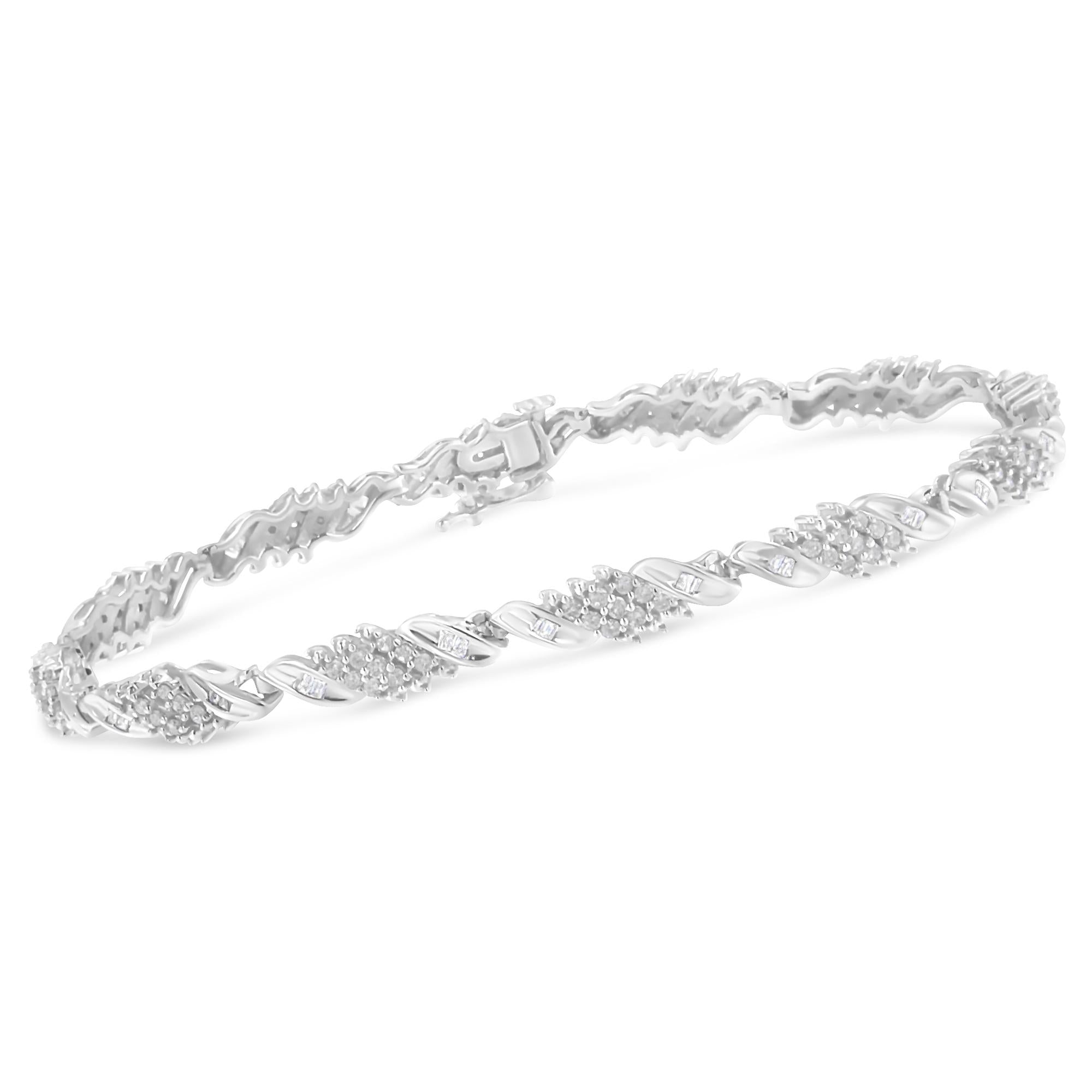 .925 Sterling Silver 1-1/2 Cttw Round and Baguette Cut Diamond Wave Link Bracelet (I-J Color, I2-I3 Clarity) - 7" - Friggin Jewelry