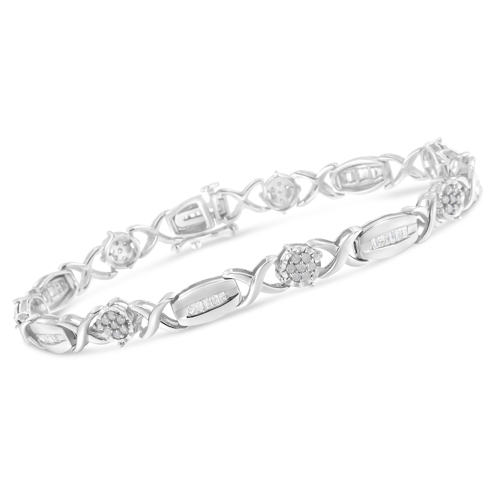 Pulsera de eslabones en X de diamantes de talla redonda y baguette de 1,0 quilates en plata de ley 925 (color IJ, claridad I1-I2) - 18,8 cm - Friggin Jewelry