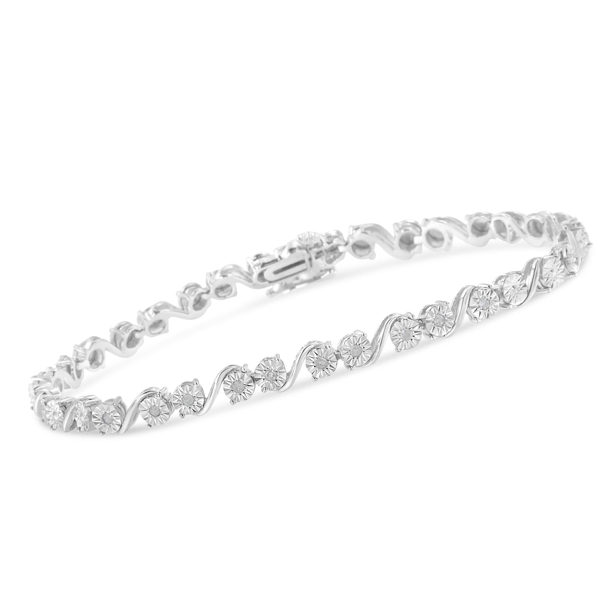 Pulsera de tenis con placa milagrosa de eslabones "S" de diamantes redondos de 1/10 quilates en plata de ley 925 (color IJ, claridad I3) - 18 cm - Friggin Jewelry