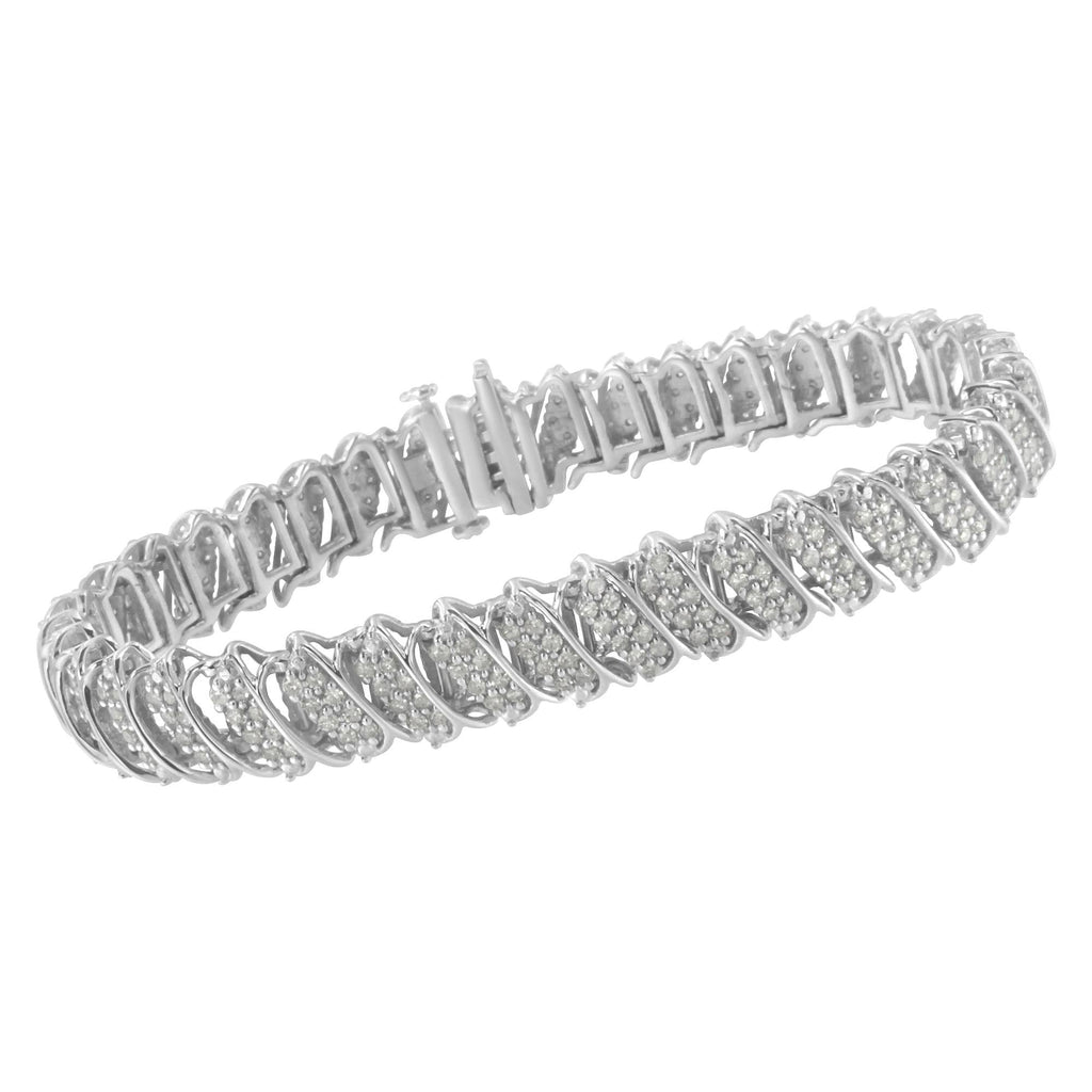 .925 Sterling Silver 3.0 Cttw Diamond Multi Row Cluster Slanted Wave Link 7-¼” Tennis Bracelet (I-J Color, I2-I3 Clarity) - Friggin Jewelry