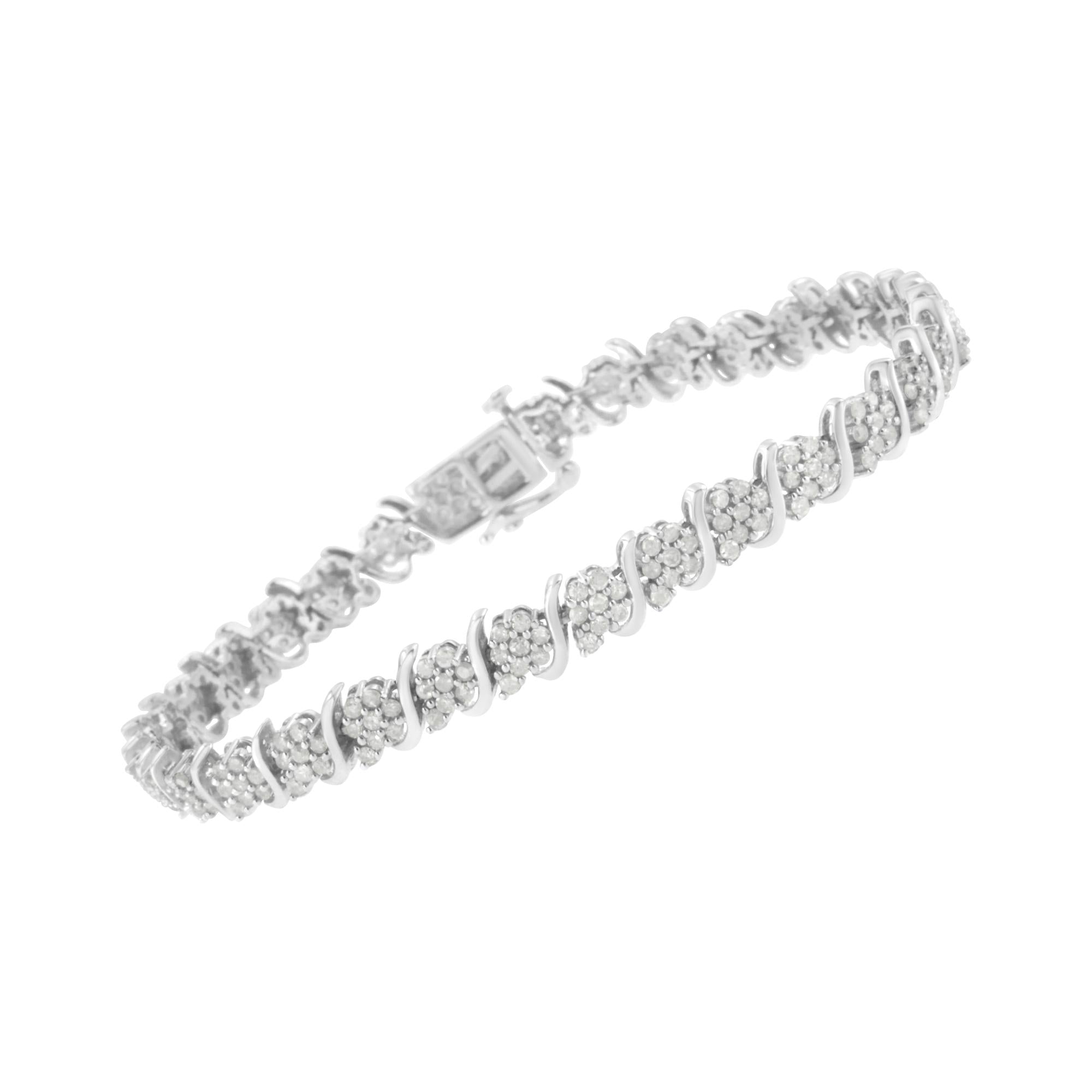 Pulsera de eslabones florales con diamantes en plata de ley 925 (2 3/4 cts, color IJ, claridad I3) - Talla 7,25" - Friggin Jewelry