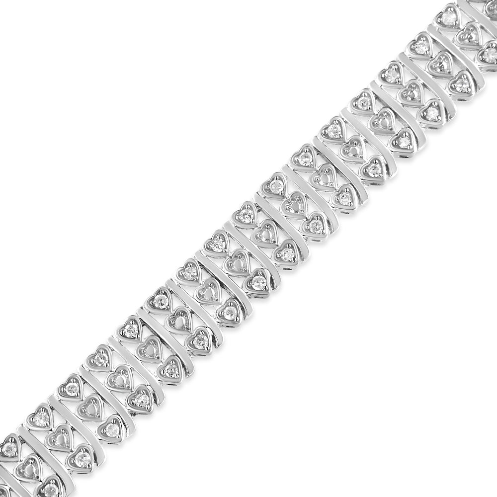 .925 Sterling Silver 1.00 Cttw Diamond Multi Row Heart Link Bracelet (H-I Color, I1-I2 Clarity) - 7.25" Inches - Friggin Jewelry