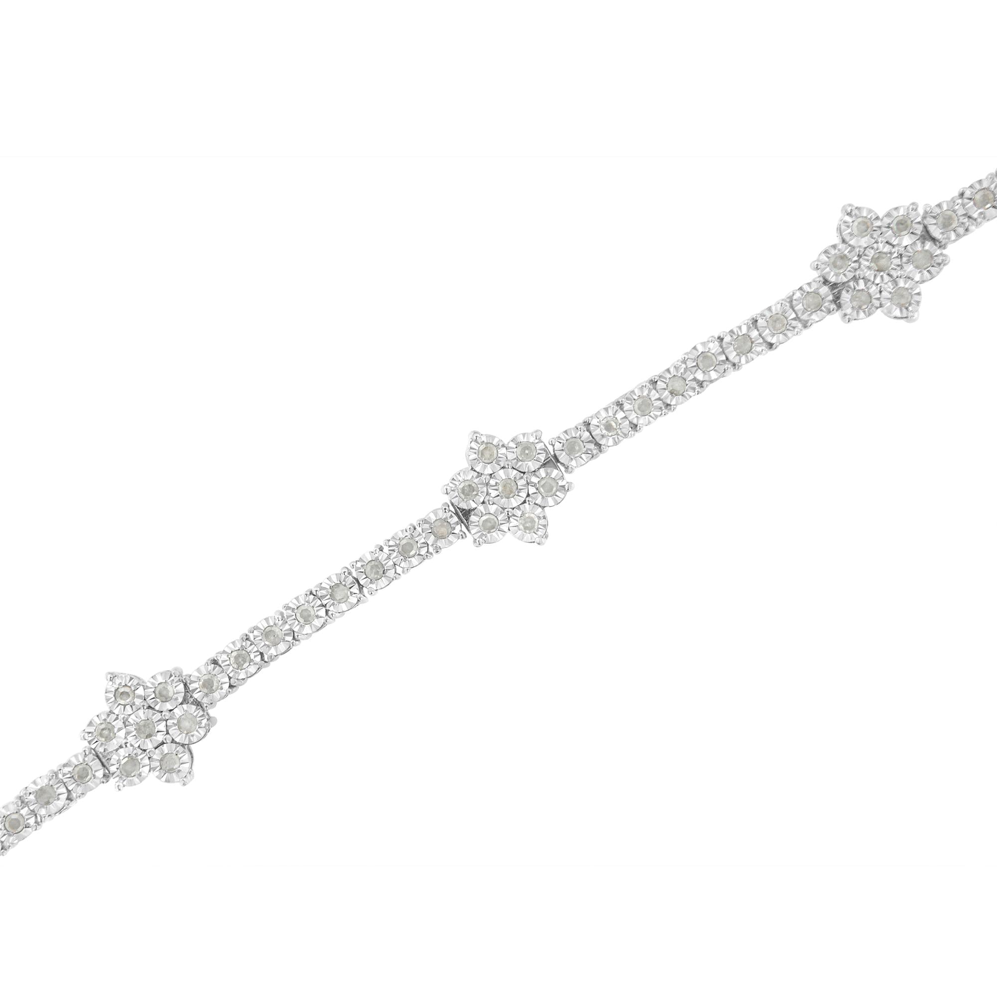 .925 Sterling Silver 1.0 cttw Miracle-Set Diamond Floral Station Tennis Bracelet (I-J Color, I3 Clarity) - 7-1/2" - Friggin Jewelry