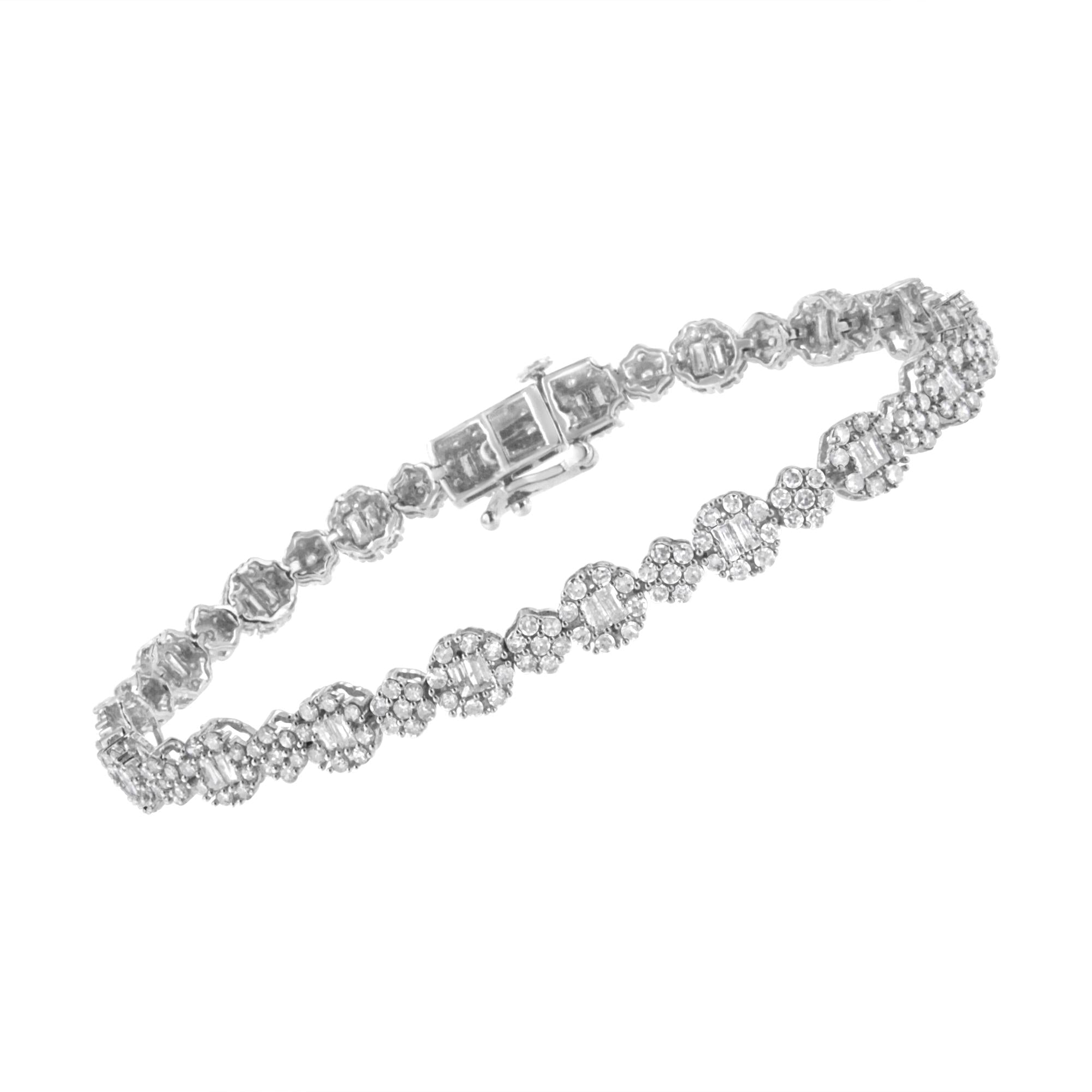 10K White Gold 4.0 cttw Brilliant Round-cut and Baguette Diamond Floral Cluster Link Bracelet (I-J Clarity, I1-I2 Color) - Size 7" - Friggin Jewelry