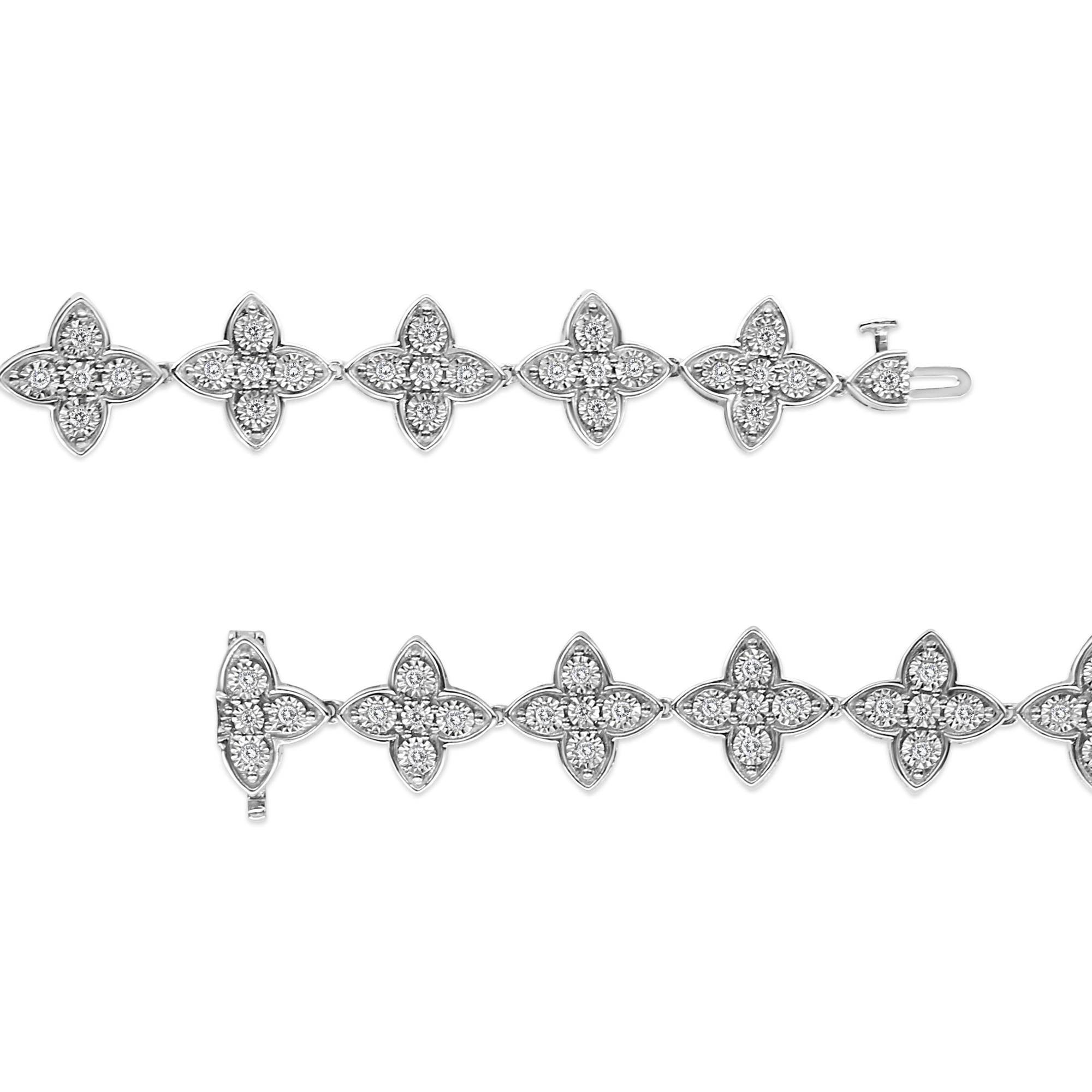 .925 Sterling Silver 1 cttw Miracle-Set Diamond 4 Leaf Clover Link Bracelet (I-J Clarity, I3 Color) - Size 7.25" - Friggin Jewelry
