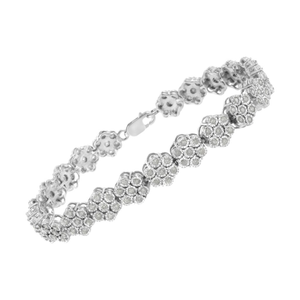 .925 Sterling Silver 2.0 cttw Diamond 7 Stone Floral Cluster Link Bracelet (I-J Color, I3 Clarity) -7.25" - Friggin Jewelry