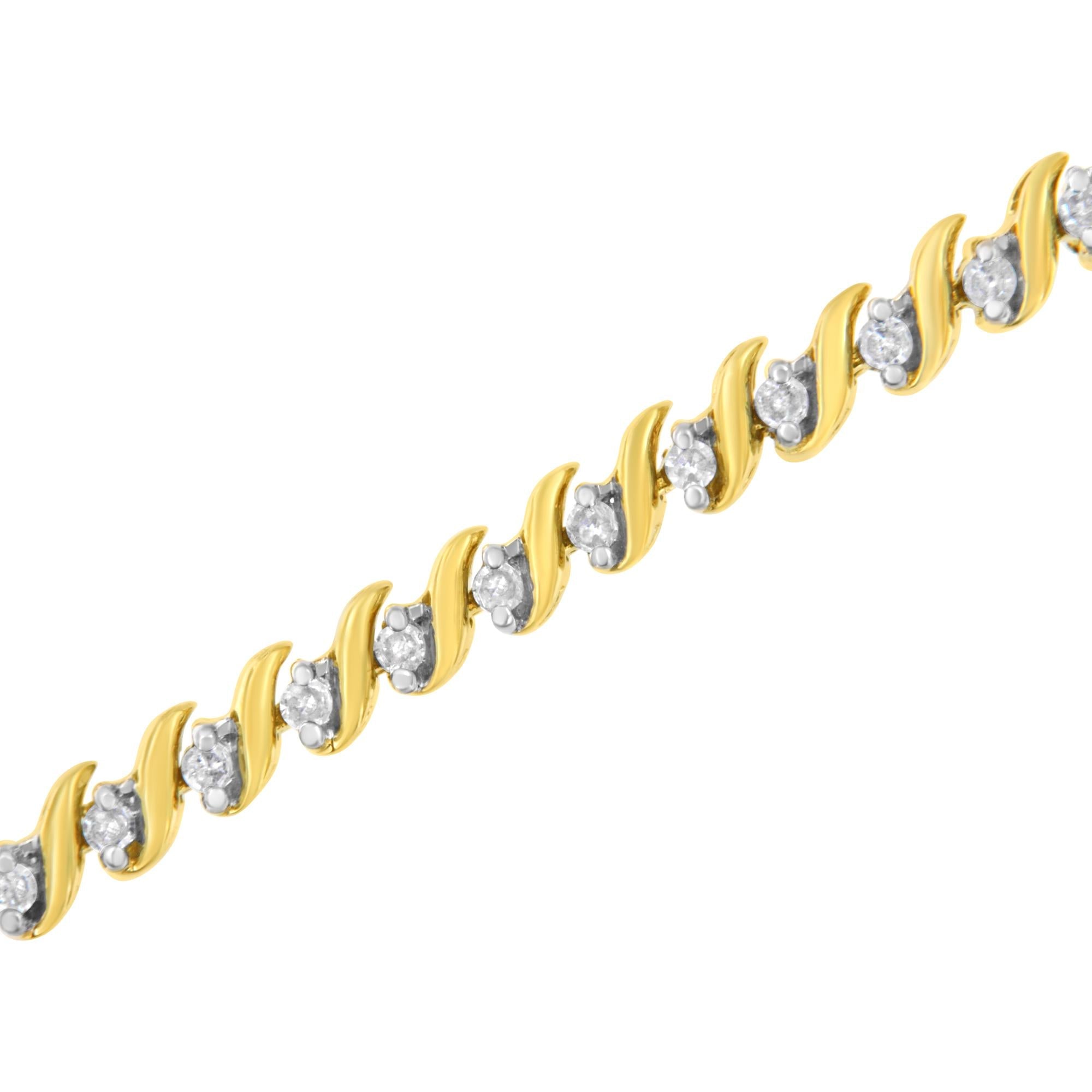 Bracciale tennis a maglie a S con diamanti incastonati a 2 griffe da 1/2 ct in argento sterling 925 placcato oro giallo 10K (colore IJ, purezza I3) - 7,25" - Friggin Jewelry