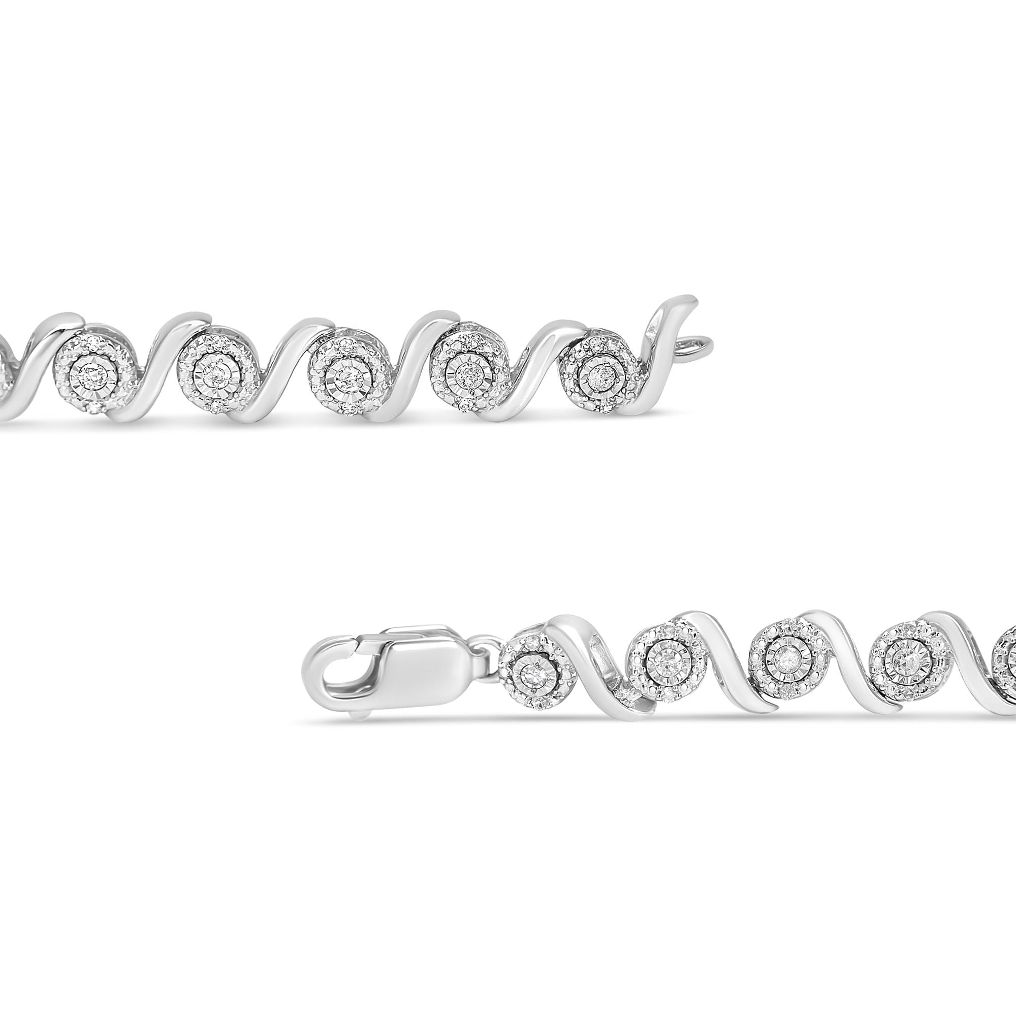 Pulsera de eslabones en forma de S con halo de diamantes redondos de 1/2 quilates en plata de ley 925 (color IJ, claridad I2-I3) - 18,3 cm - Friggin Jewelry