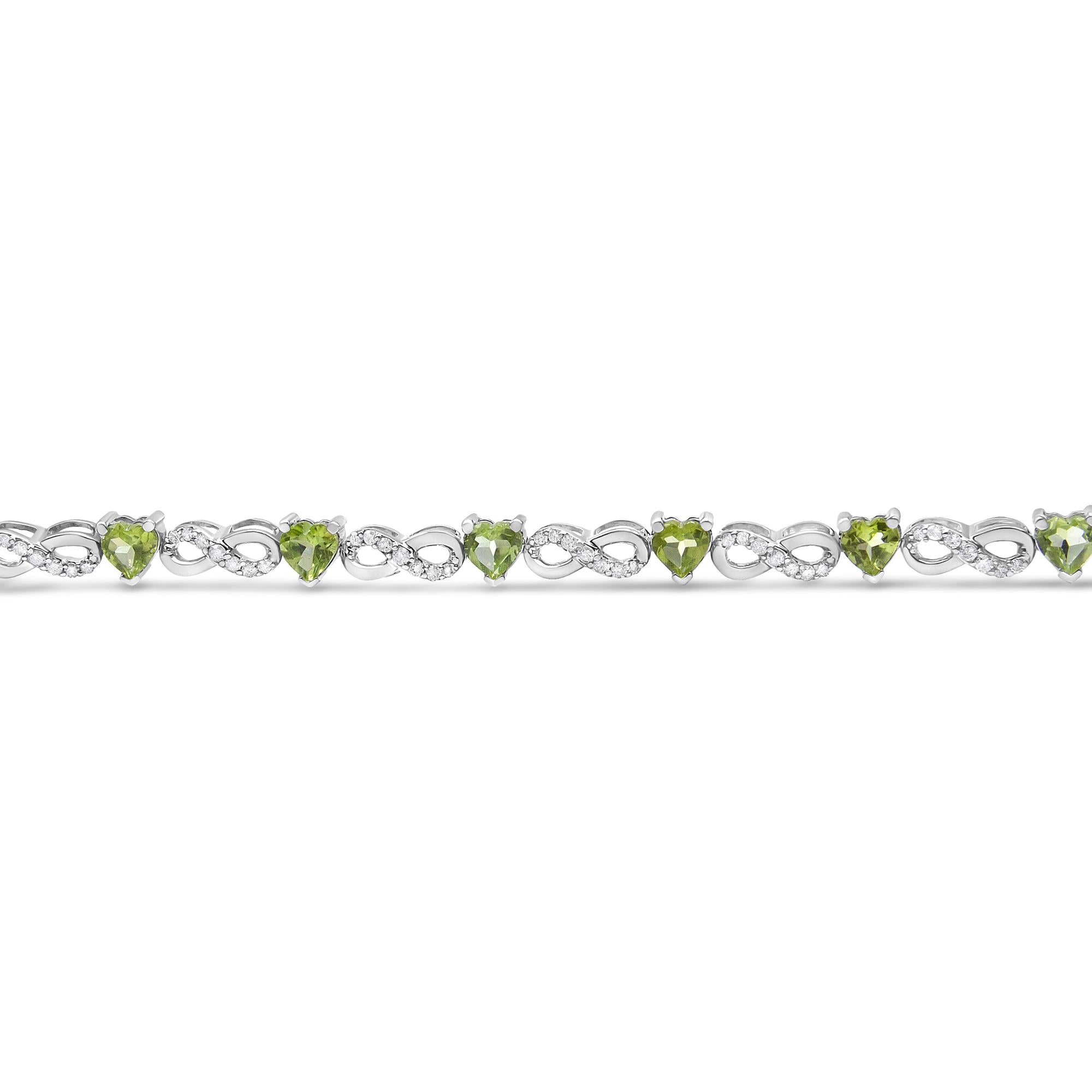 .925 Sterling Silver 1.00 Cttw Diamond and 4.00mm Lab Created Green Heart-Shaped Peridot Infinity Link Bracelet (I-J Color, I2-I3 Clarity) - 7.25" - Friggin Jewelry